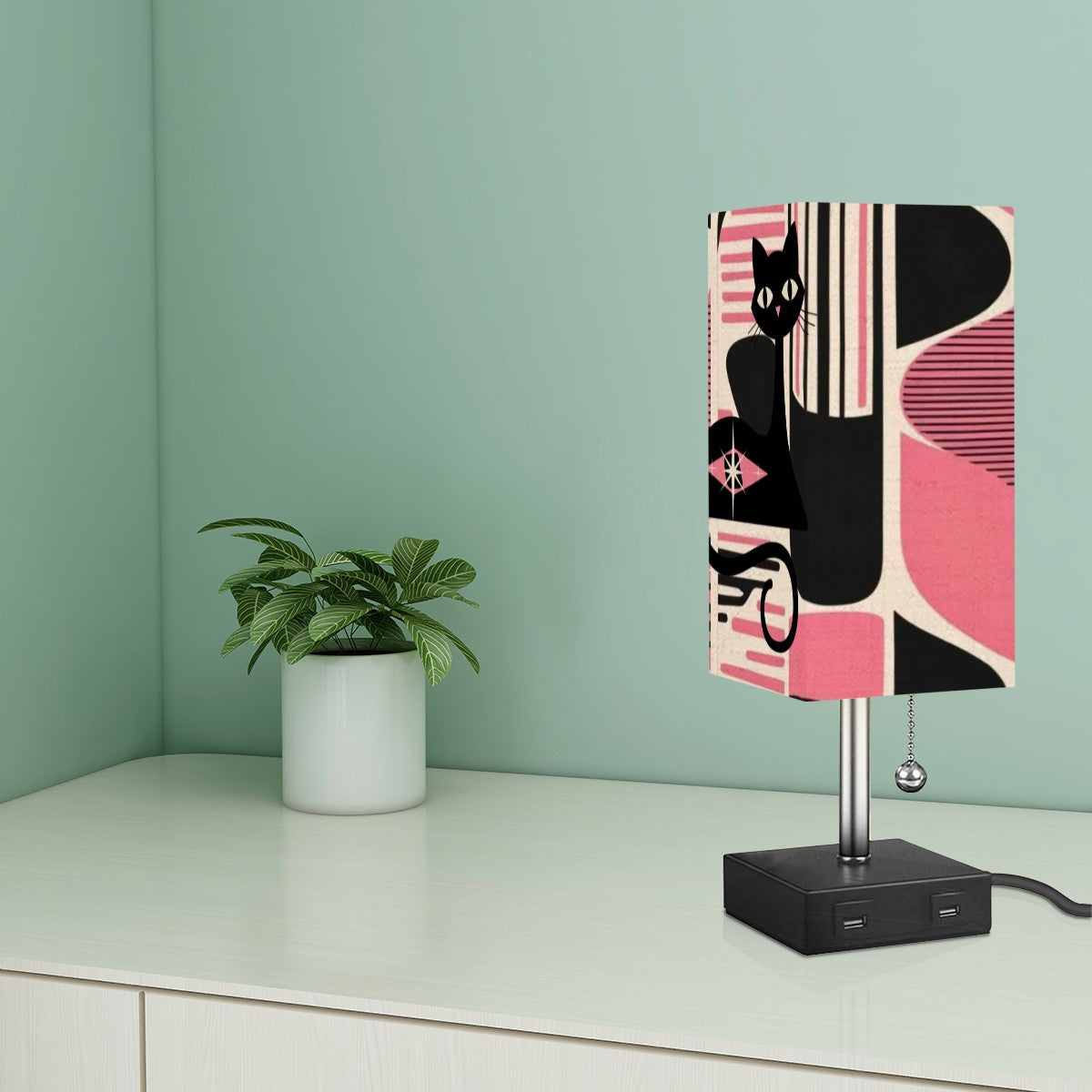Atomic Cats Kitschy Mid Mod Pink, Black Retro Mod Table Lamp - Mid Century Modern Gal