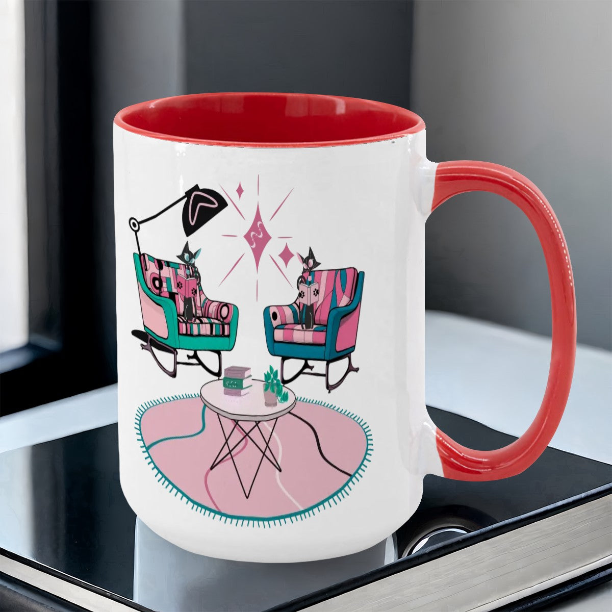 Atomic Reading Cats, Kitschy Mid Century Modern Large Colorful Mug (15oz) - Mid Century Modern Gal