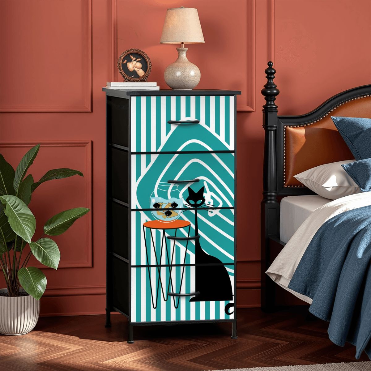Atomic Kitschy Black Cat, Striped Mod Retro 4-Drawer Dresser - Mid Century Modern Gal