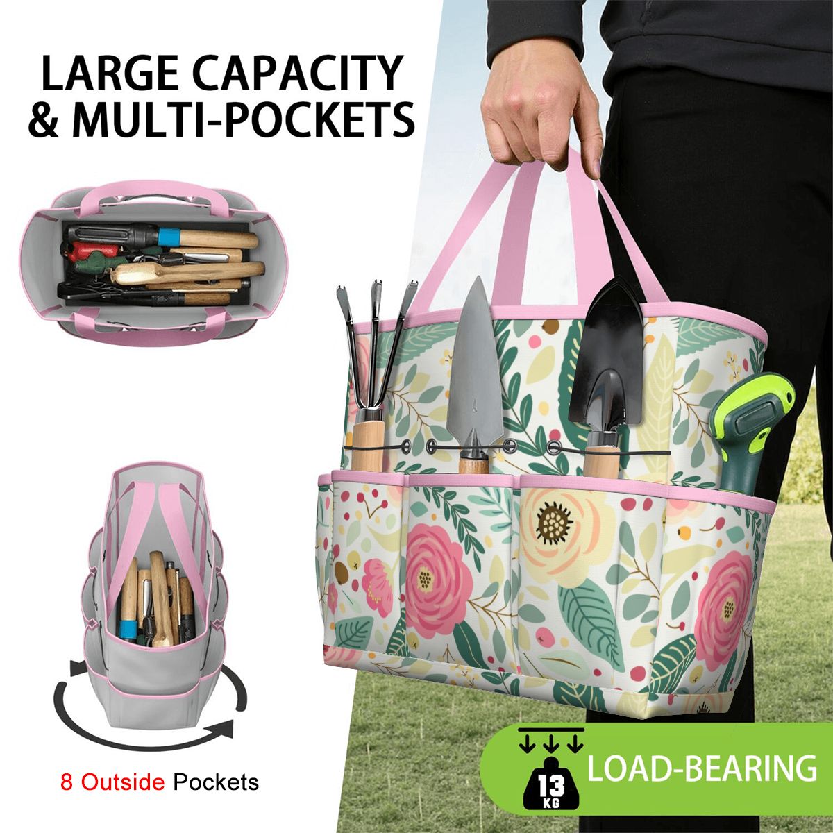 Floral Pink Mid Century Modern Garden Tool Bag