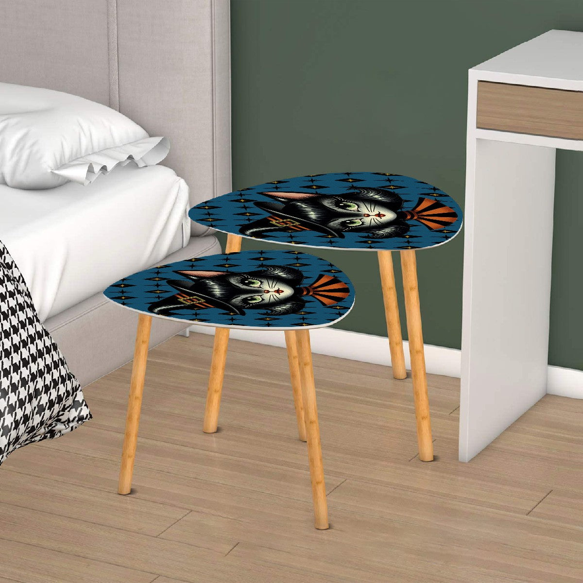 Vintage Halloween Black Cat Sexy Sexton Mid Century Modern Blue Nesting Tables - Mid Century Modern Gal