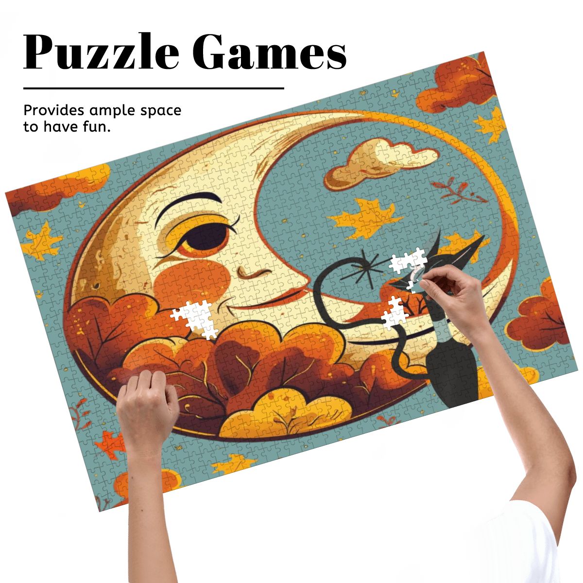 Atomic Celestial Moon, Kitschy Atomic Cat Harvest Halloween Wooden Jigsaw Puzzle - Mid Century Modern Gal