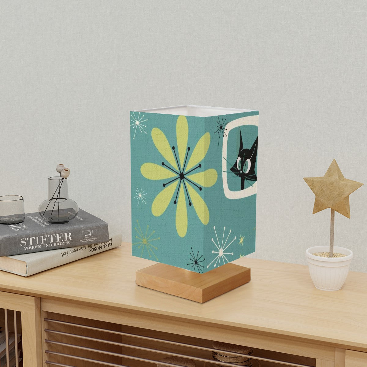 Atomic Space Cat Teal Green Mid Century Modern Square Table Lamp - Mid Century Modern Gal