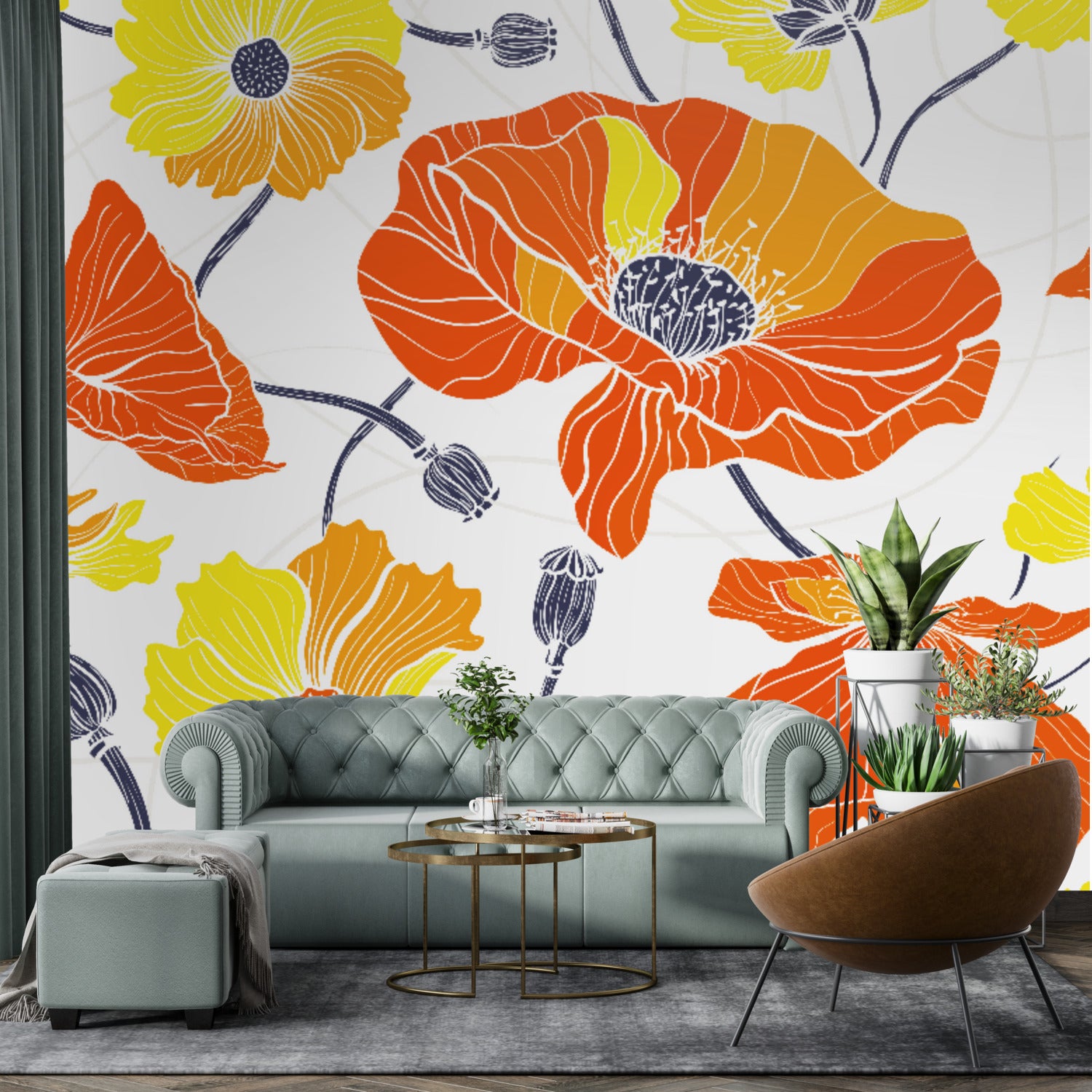 Vintage Poppy Orange Yellow Retro Florals, Mid Century Modern Wall Murals - Mid Century Modern Gal