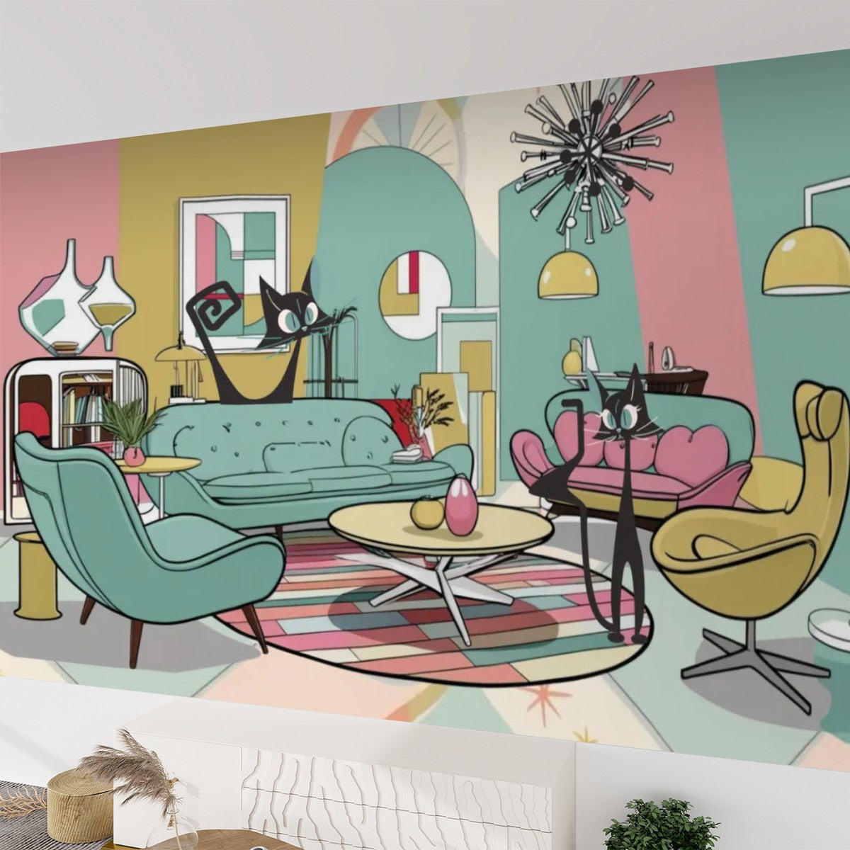Mid Century Modern Peel And Stick Kitschy Mod Lounging Cats Canvas Self Adhesive Wallpaper - Mid Century Modern Gal