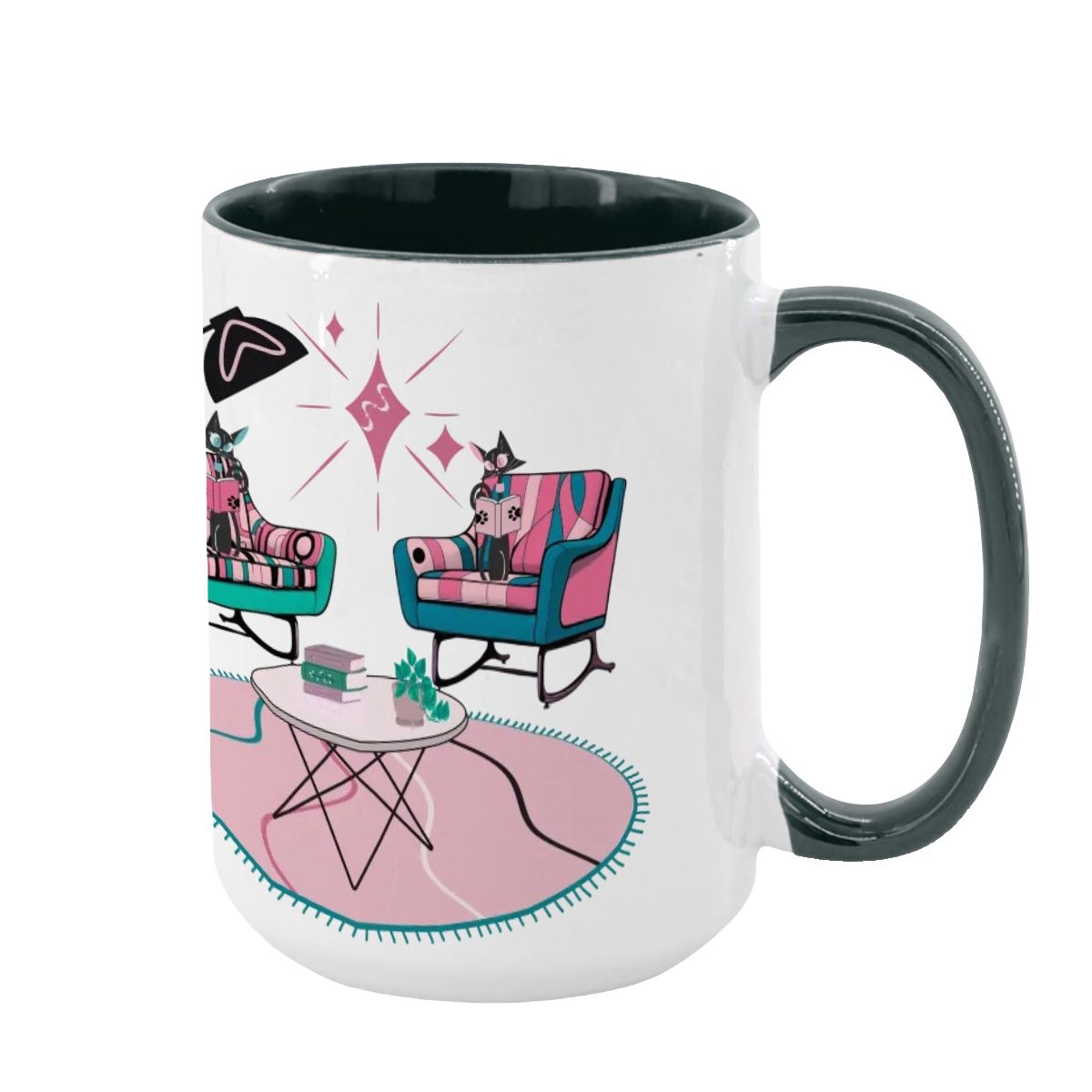 Atomic Reading Cats, Kitschy Mid Century Modern Large Colorful Mug (15oz) - Mid Century Modern Gal