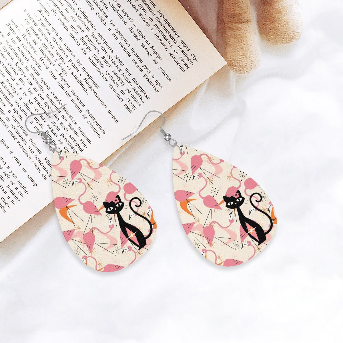 Kitschy Mod Dancing Flamingos Atomic Cat, Retro Summer Vibes Teardrop Earrings - Mid Century Modern Gal