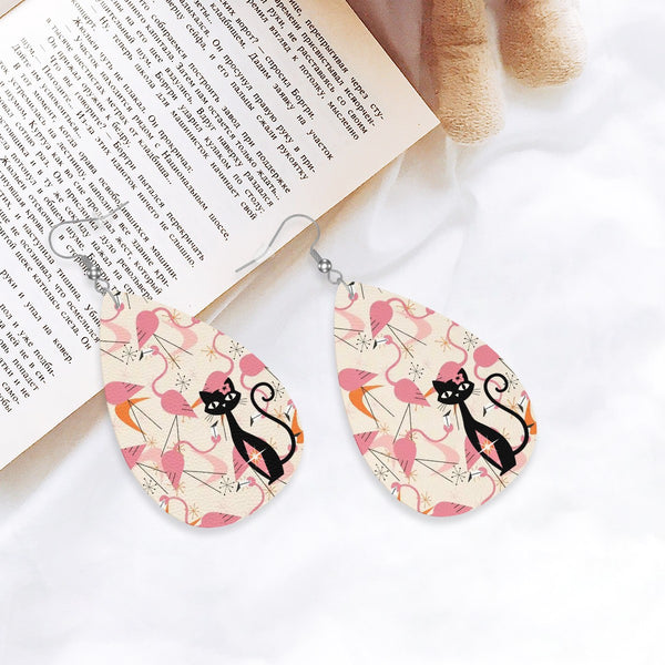 Kitschy Mod Dancing Flamingos Atomic Cat, Retro Summer Vibes Teardrop Earrings
