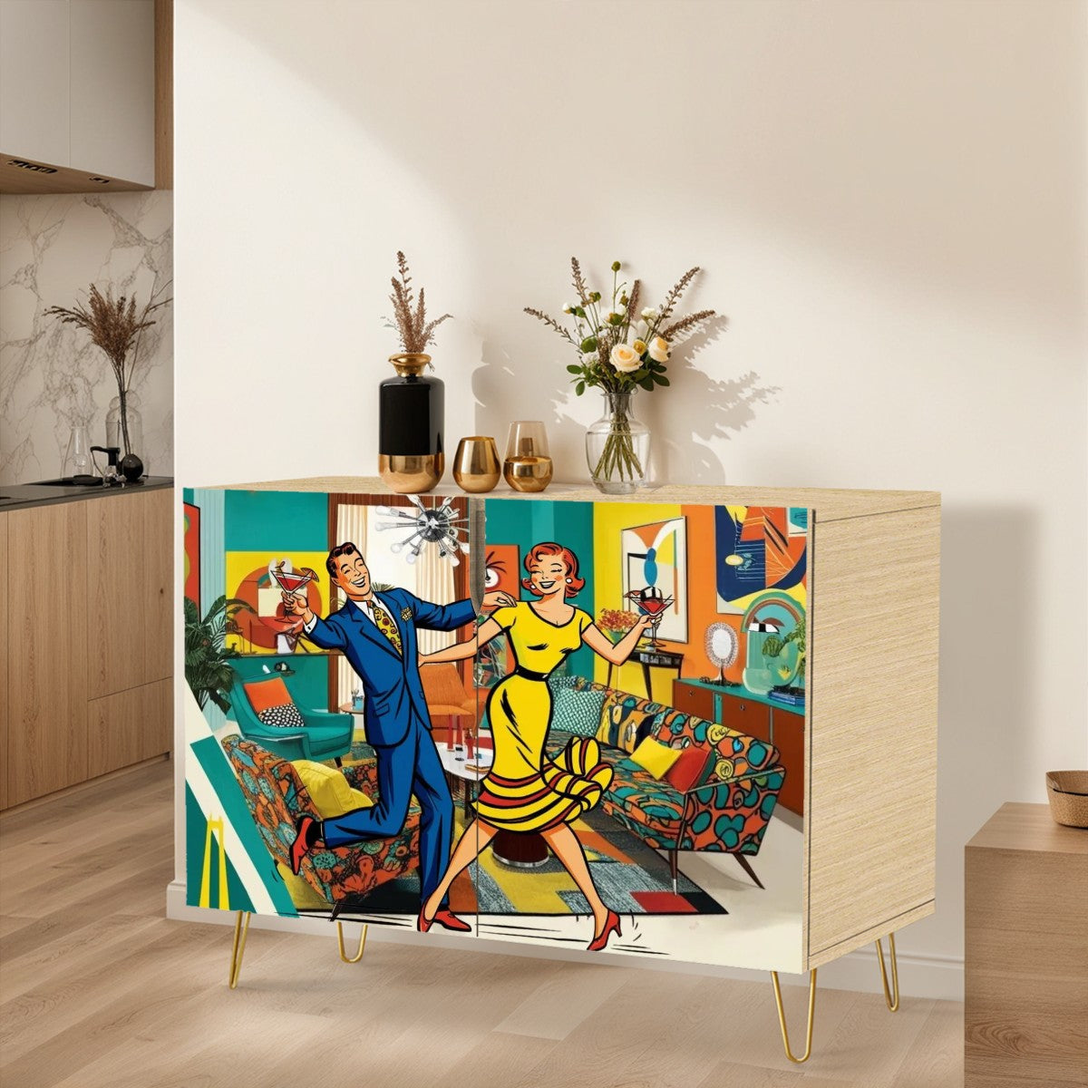 Mid Century Modern Bar Cabinet, Kitschy Quirky Mod Couple Cocktail Hour Wooden Storage Cabinet - Mid Century Modern Gal