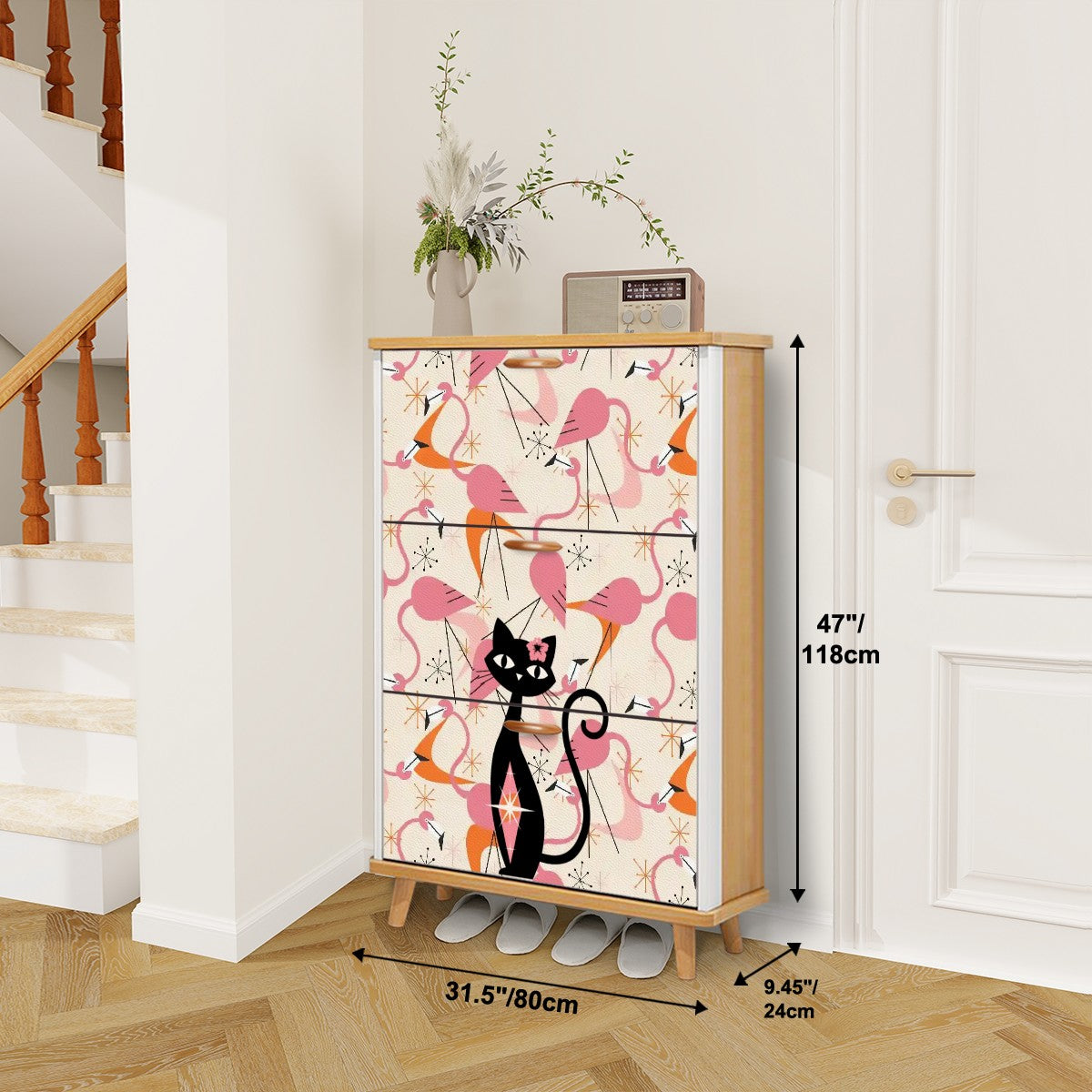 Mid Century Modern Flamingos, Atomic Cat Kitschy Mod Shoe Storage Cabinet - Mid Century Modern Gal