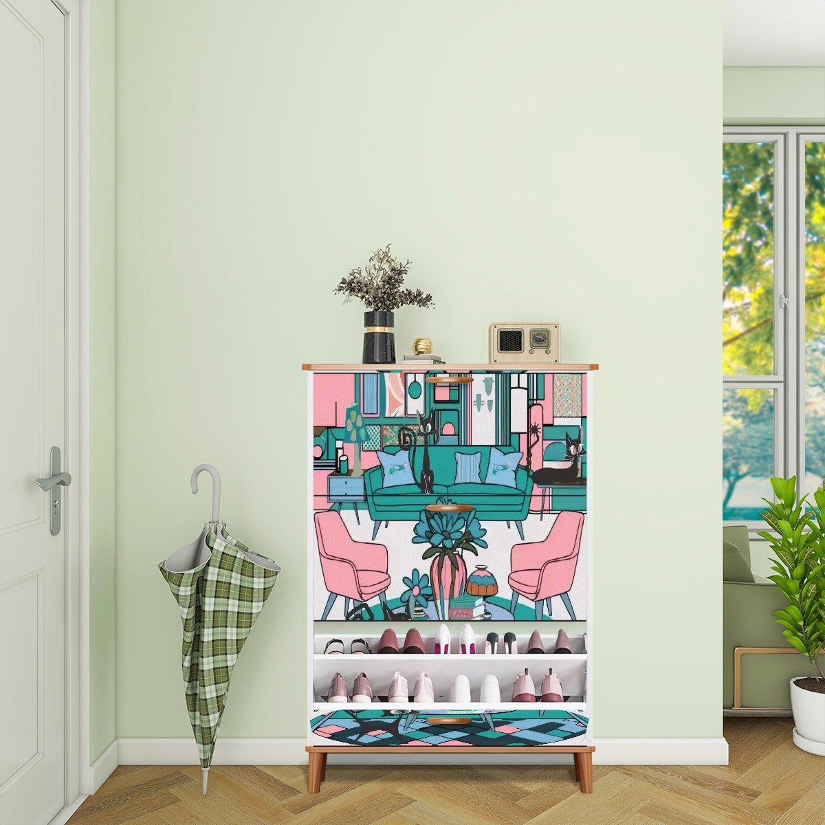 Mid Century Modern Furniture Shoe Cabinet Adorned With Atomic Cats Kitschy Mod LR Design - Mid Century Modern Gal