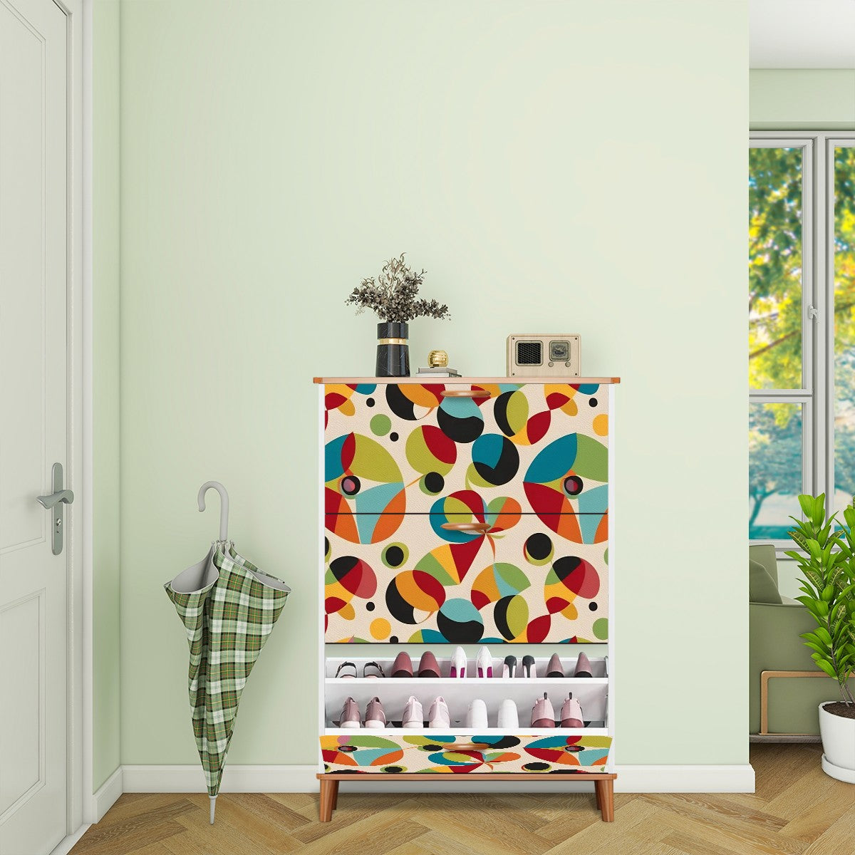 Retro Groovy Orb Abstract Designed Mid Century Modern Shoe Cabinet - Mid Century Modern Gal