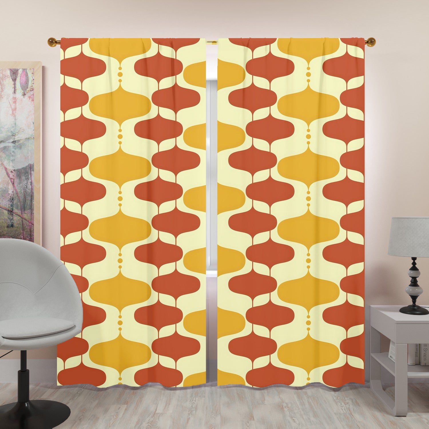 Mid Century Modern Mustard Yellow, Burnt Orange, Googie Designed Window Curtains (two panels) - Mid Century Modern Gal