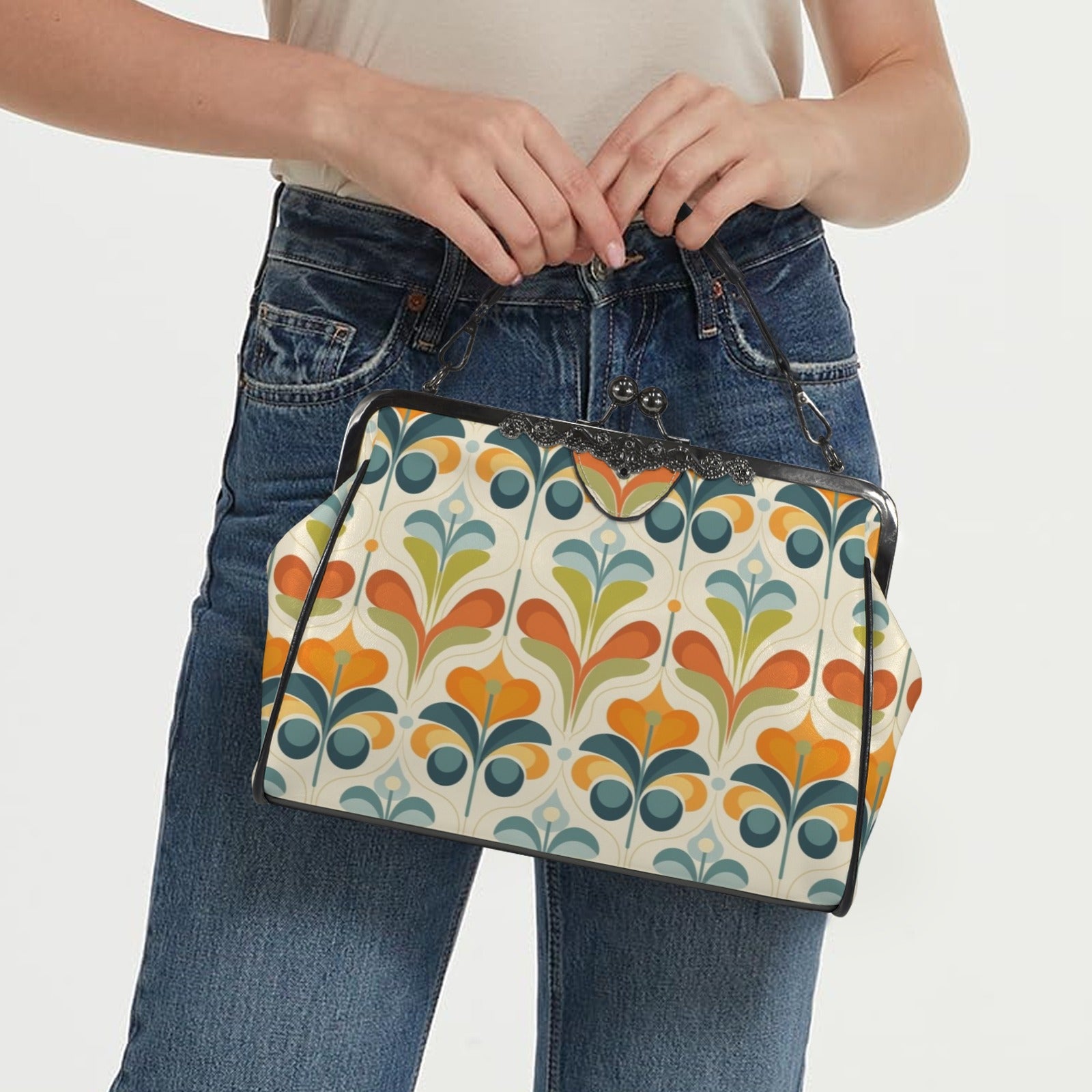 Mid Century Modern Groovy Retro Floral, Orange Green Blue Kisslock Crossbody Purse - Mid Century Modern Gal