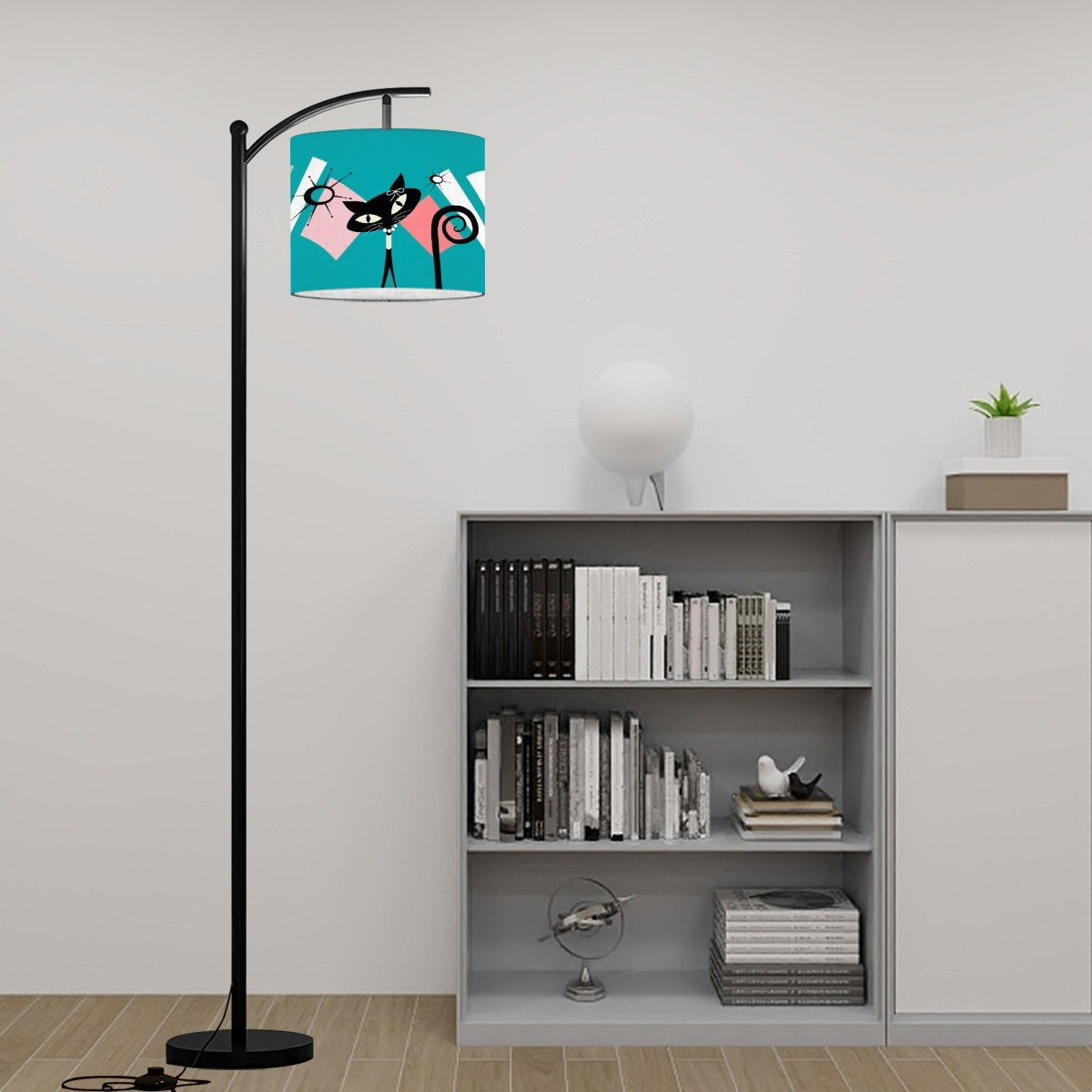 Mid Century Modern Atomic Cat,Arc Floor Lamp In Coral Aqua Kitsch Design - Mid Century Modern Gal