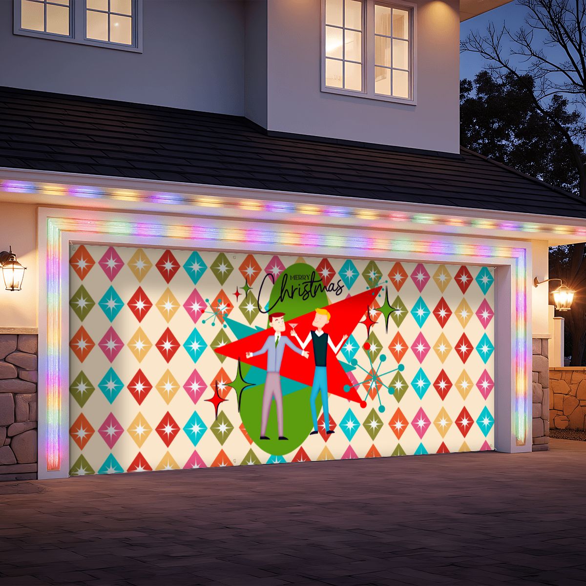 Mid Century Modern Christmas Gay Male Couple, Kitschy 50s Style Garage Door Banner Backdrop - Mid Century Modern Gal