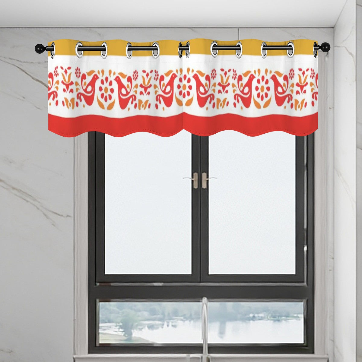 Pyrex Lover, Friendship Pattern, Red, Golden Yellow, Retro Kitsch Valance Curtains - Mid Century Modern Gal