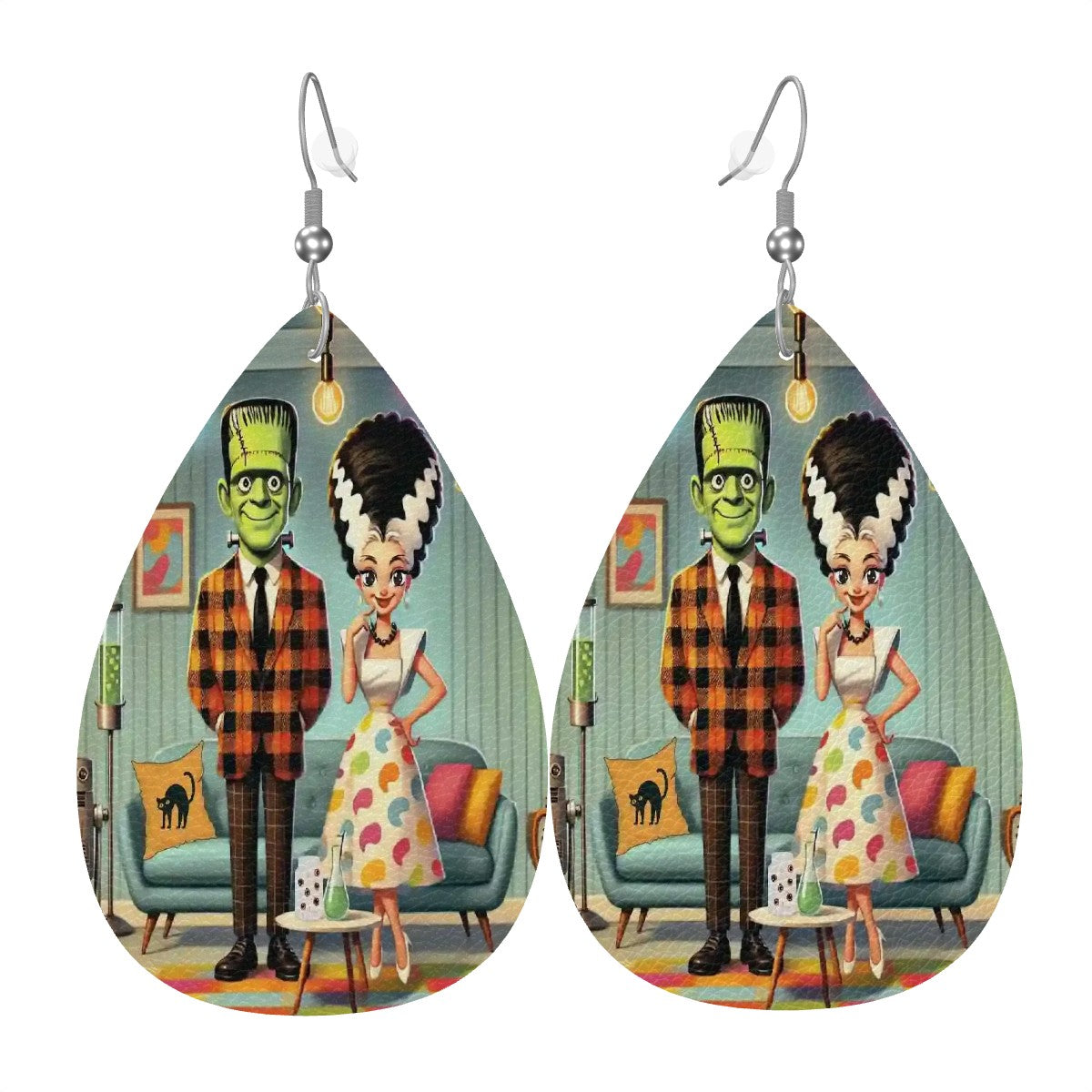 Frankenstein And Bride Kitschy Mod Retro Faux Leather Teardrop Earrings - Mid Century Modern Gal