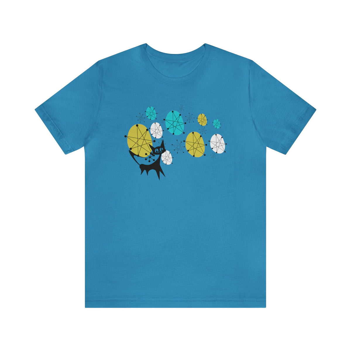 Atomic Cat, Mid Century Modern Franciscan Pattern Starburst, Retro Mod T-Shirt, Unisex Sizing T-Shirt Aqua / 2XL