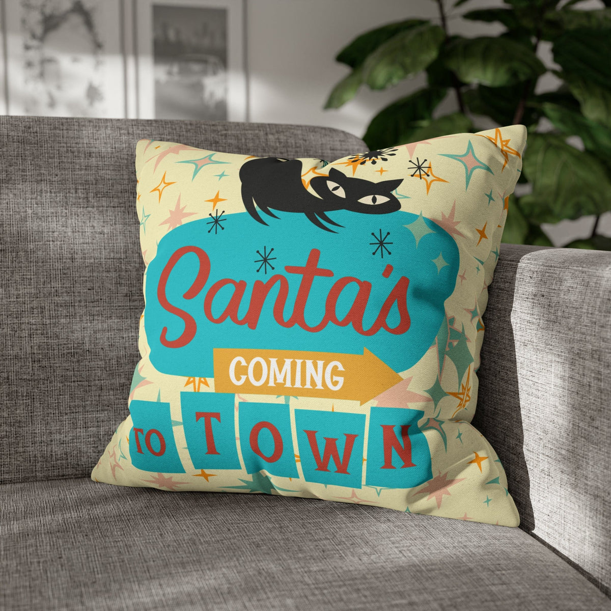 Atomic 50's Chrismtas,Atomic Cat, Christmas Pillow Cover, Mid Century Modern Kitschy Chrismta Holiday Decor, Pillow Cover Home Decor