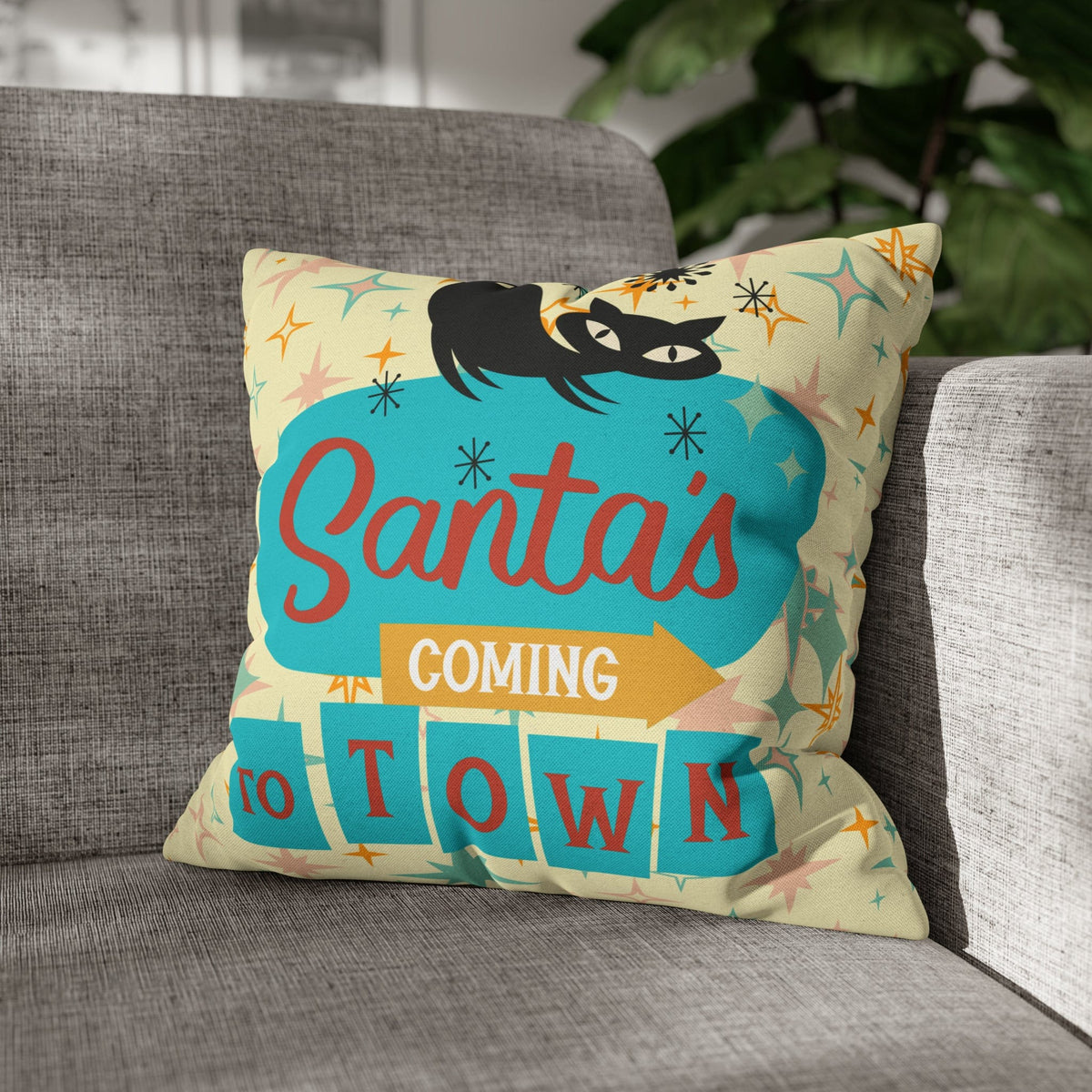 Atomic 50's Chrismtas,Atomic Cat, Christmas Pillow Cover, Mid Century Modern Kitschy Chrismta Holiday Decor, Pillow Cover Home Decor