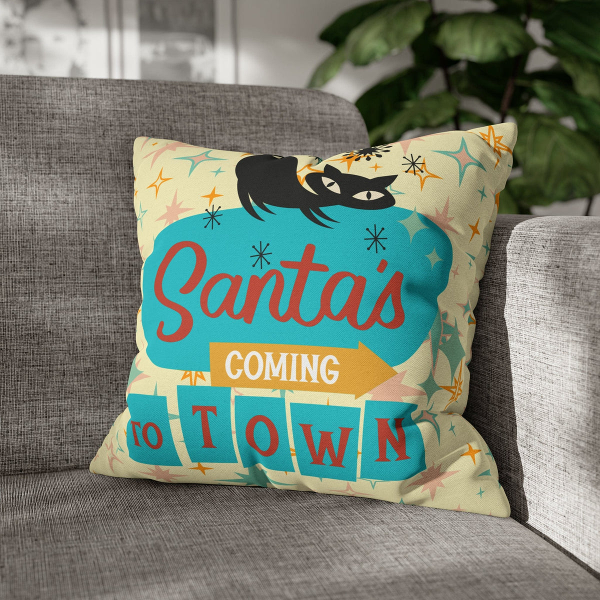 Atomic 50's Chrismtas,Atomic Cat, Christmas Pillow Cover, Mid Century Modern Kitschy Chrismta Holiday Decor, Pillow Cover Home Decor