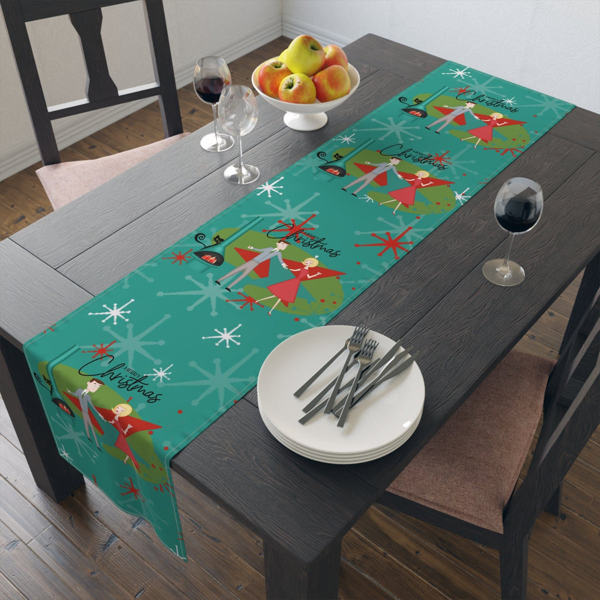 Atomic 50's Christmas Table Runner, Teal, Red, Starburst, Atomic Cat, Festive Kitsch Holiday Table Runner Home Decor
