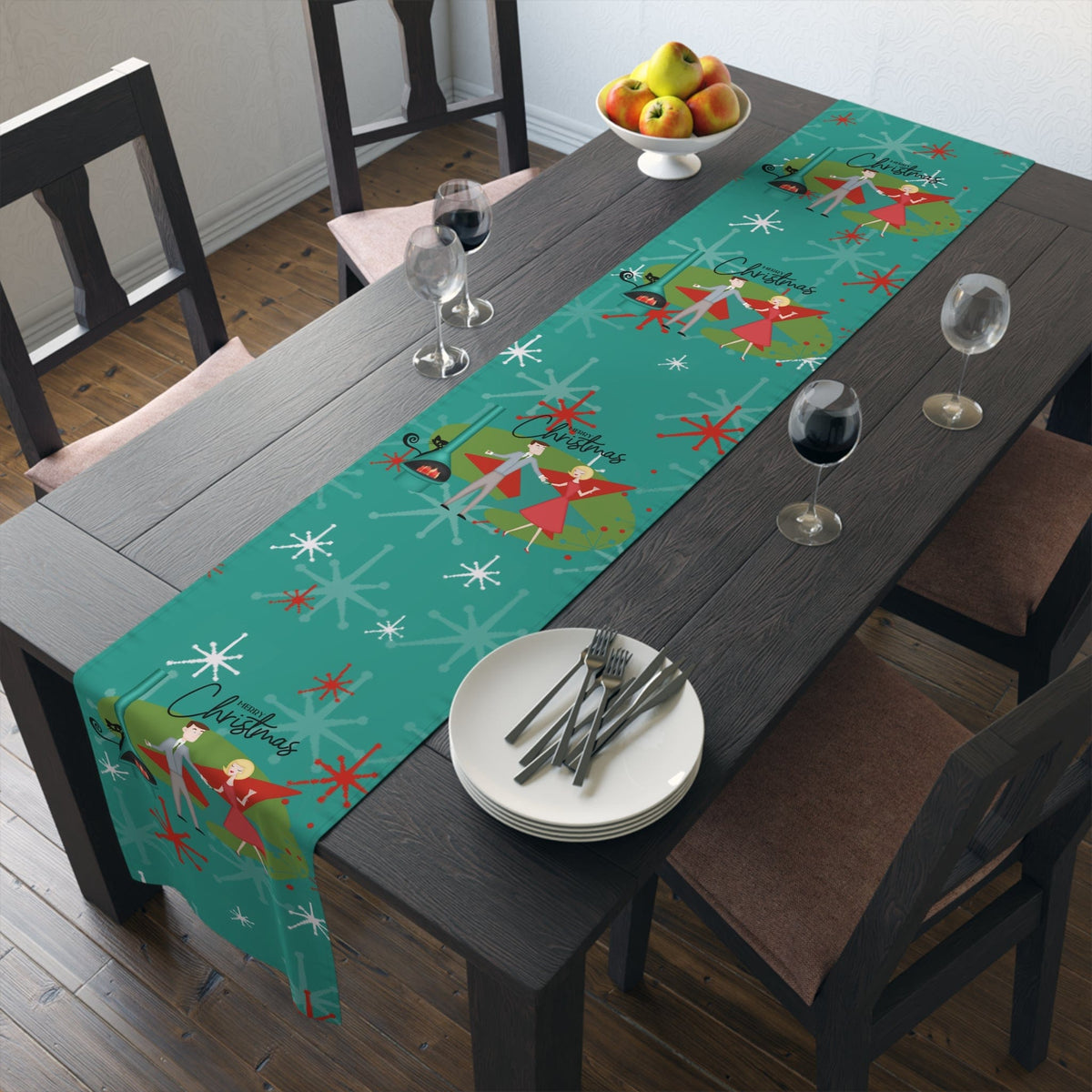 Atomic 50's Christmas Table Runner, Teal, Red, Starburst, Atomic Cat, Festive Kitsch Holiday Table Runner Home Decor