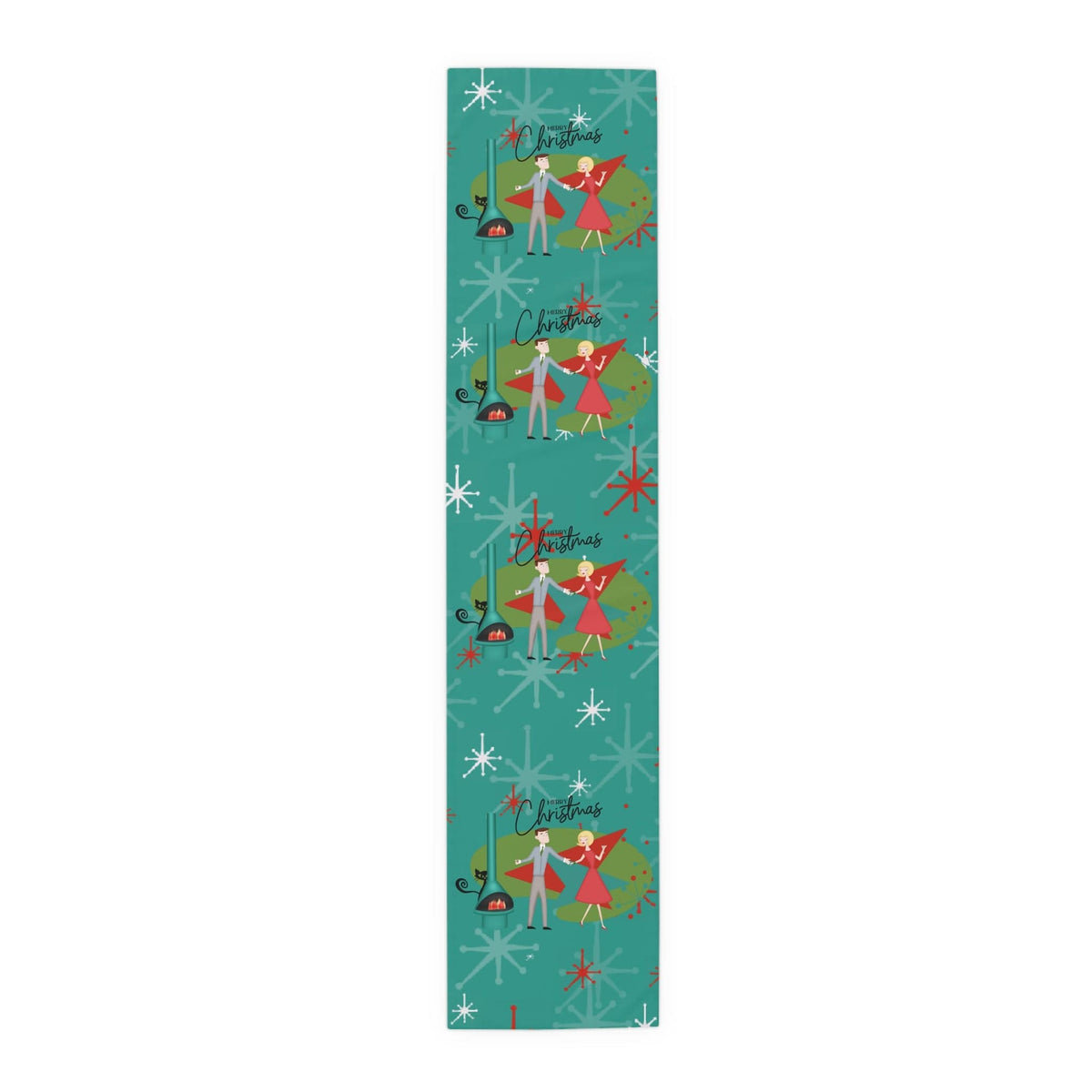 Atomic 50's Christmas Table Runner, Teal, Red, Starburst, Atomic Cat, Festive Kitsch Holiday Table Runner Home Decor