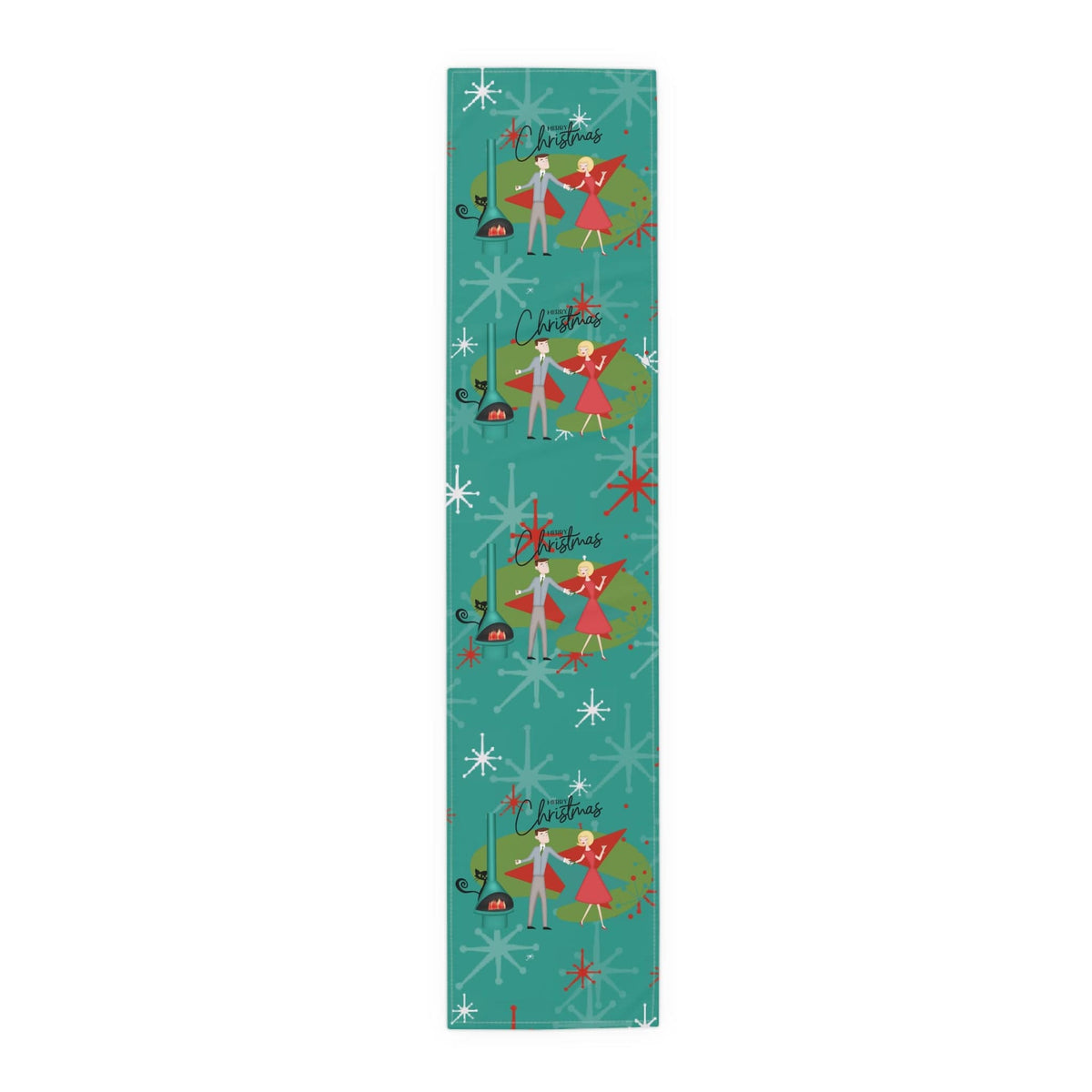 Atomic 50's Christmas Table Runner, Teal, Red, Starburst, Atomic Cat, Festive Kitsch Holiday Table Runner Home Decor