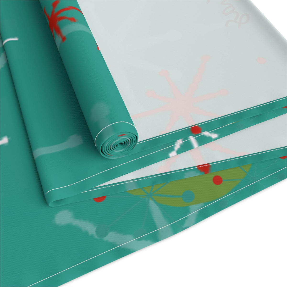 Atomic 50's Christmas Table Runner, Teal, Red, Starburst, Atomic Cat, Festive Kitsch Holiday Table Runner Home Decor