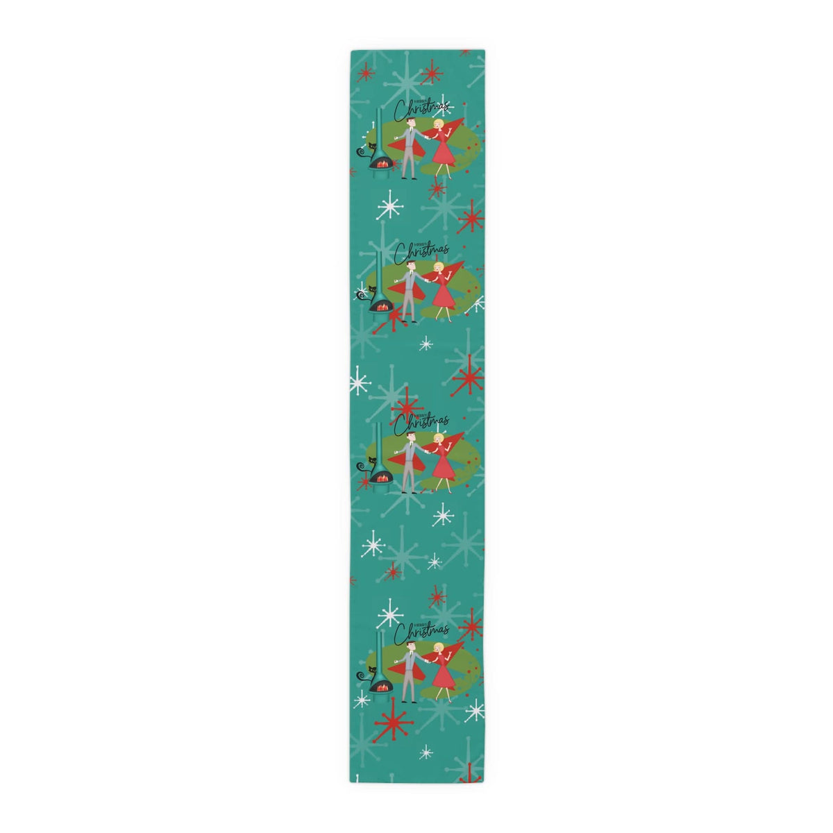 Atomic 50's Christmas Table Runner, Teal, Red, Starburst, Atomic Cat, Festive Kitsch Holiday Table Runner Home Decor