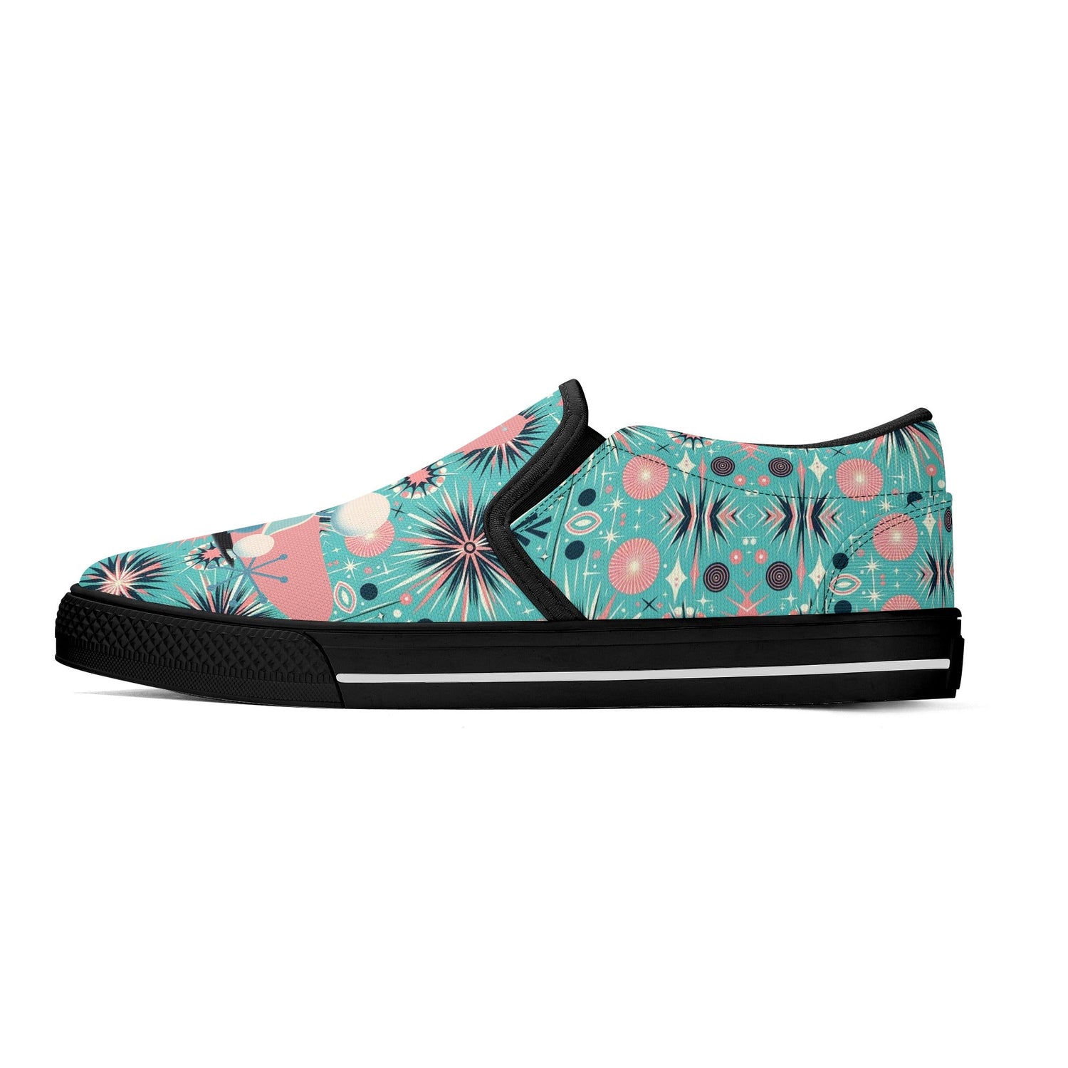 Atomic 50s Poodle Slip On Canvas Shoes, Mid Century Modern Pink, Aqua Starbursts
