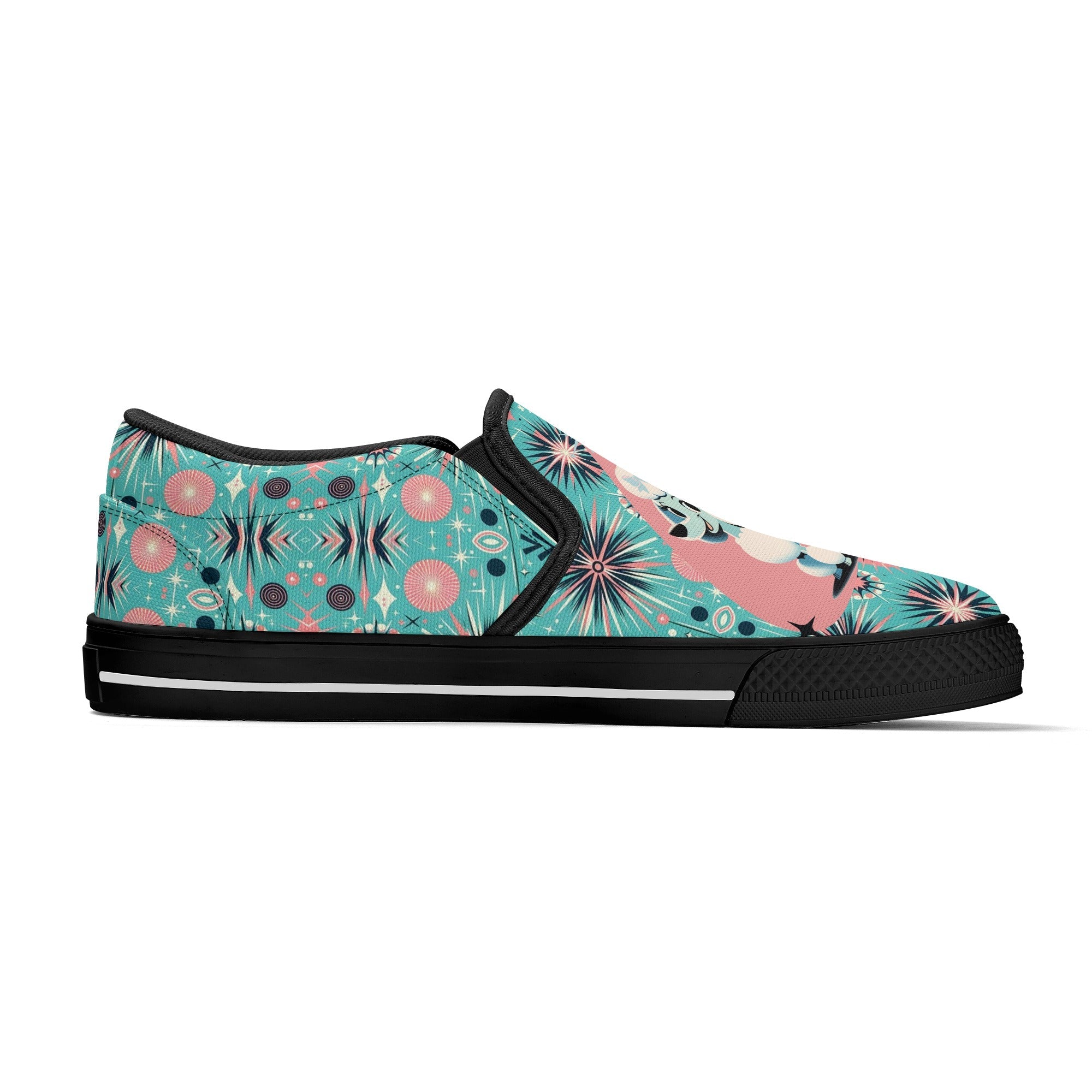 Atomic 50s Poodle Slip On Canvas Shoes, Mid Century Modern Pink, Aqua Starbursts