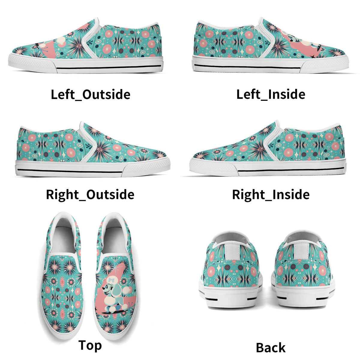 Atomic 50s Poodle Slip On Canvas Shoes, Mid Century Modern Pink, Aqua Starbursts