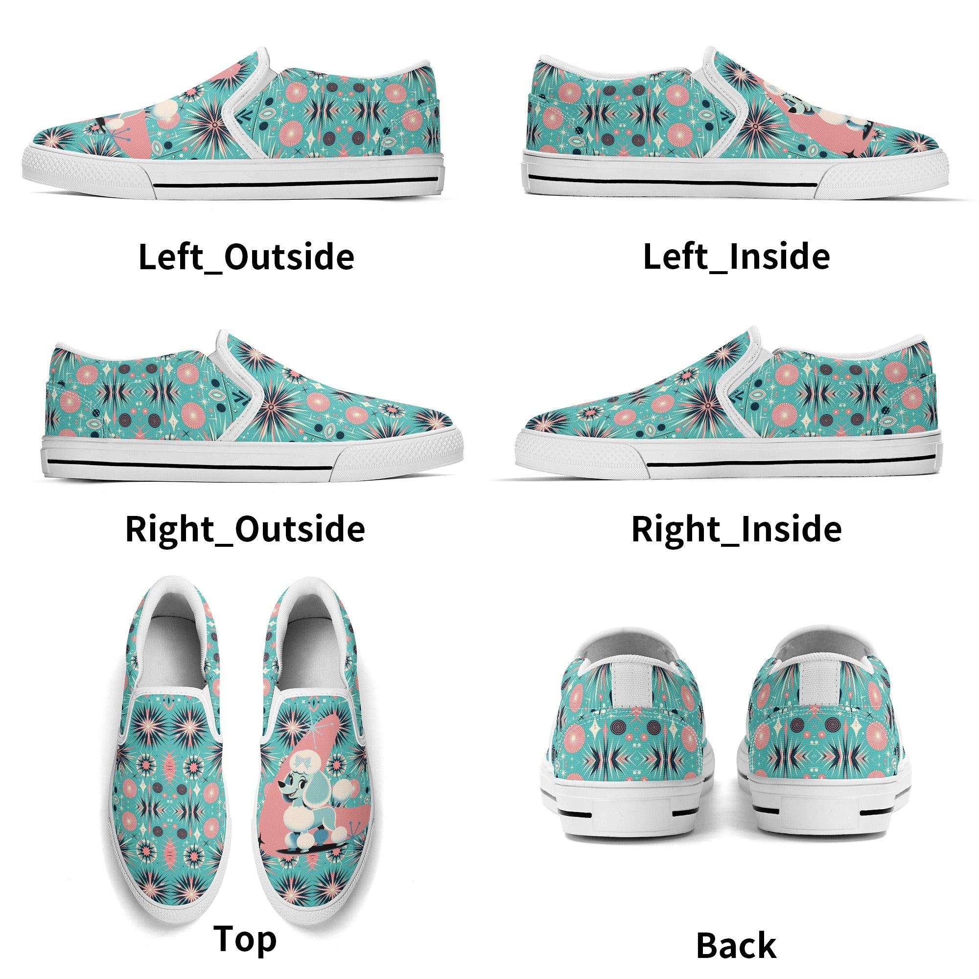 Atomic 50s Poodle Slip On Canvas Shoes, Mid Century Modern Pink, Aqua Starbursts
