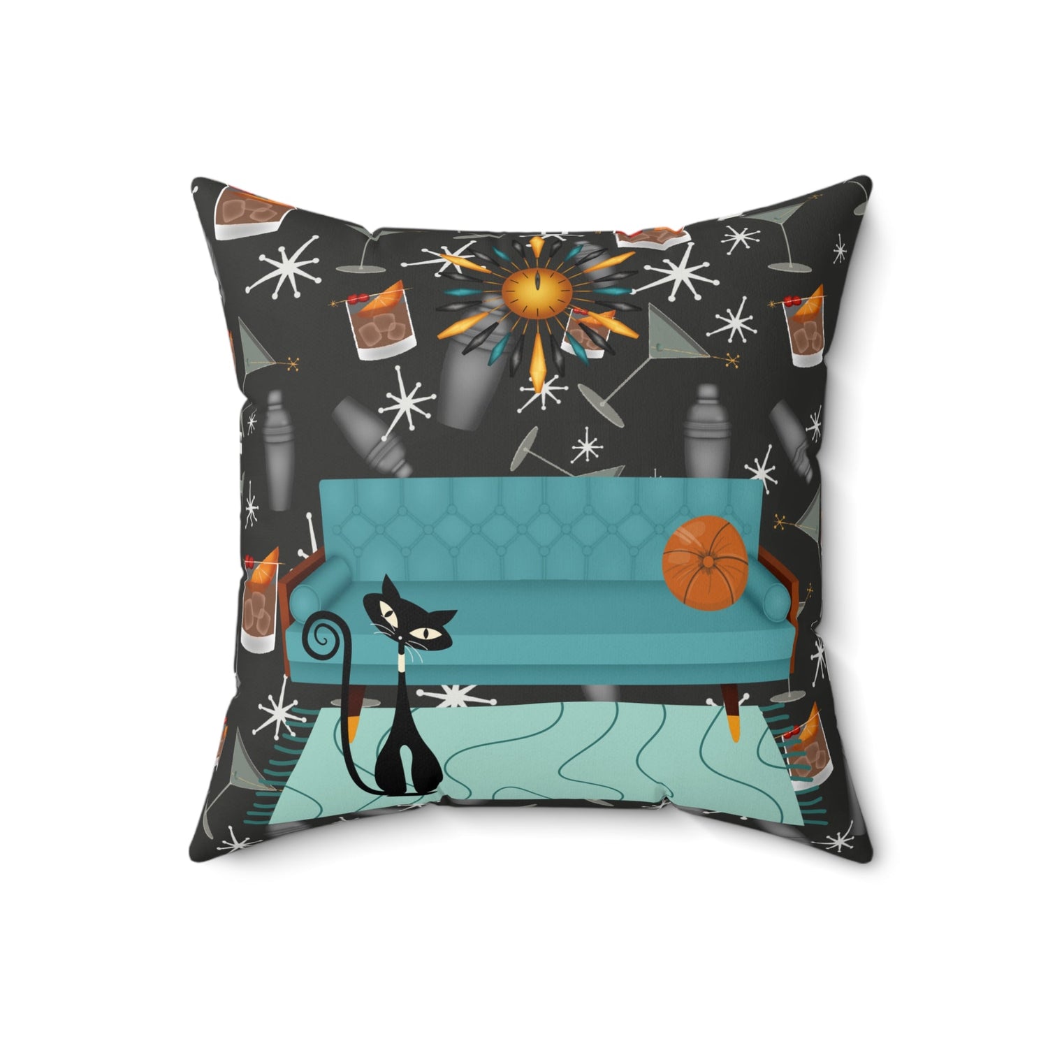 Atomic Cat And Cocktails Mid Century Modern Kitschy 50s Style Pillow And Insert Home Decor