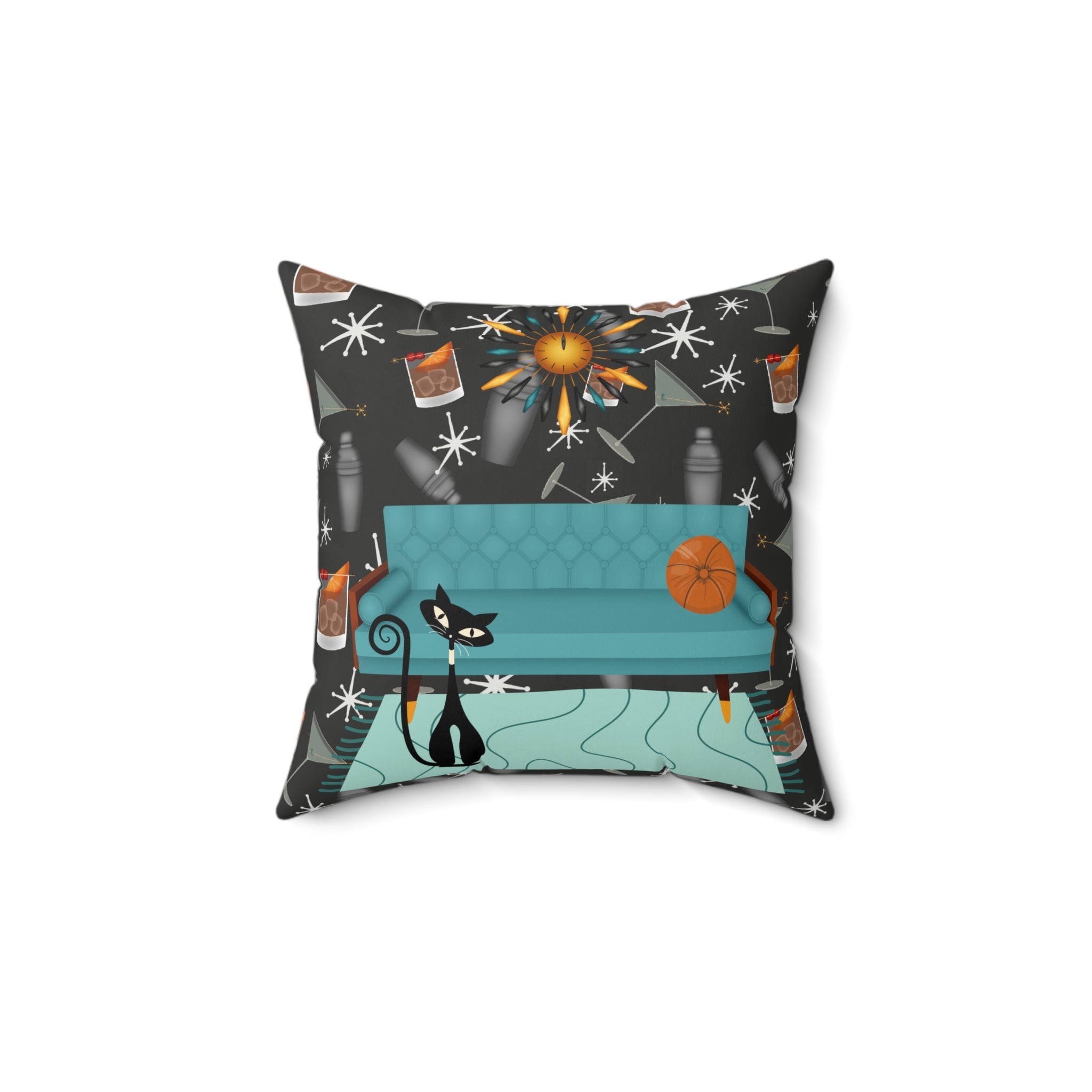 Atomic Cat And Cocktails Mid Century Modern Kitschy 50s Style Pillow And Insert Home Decor