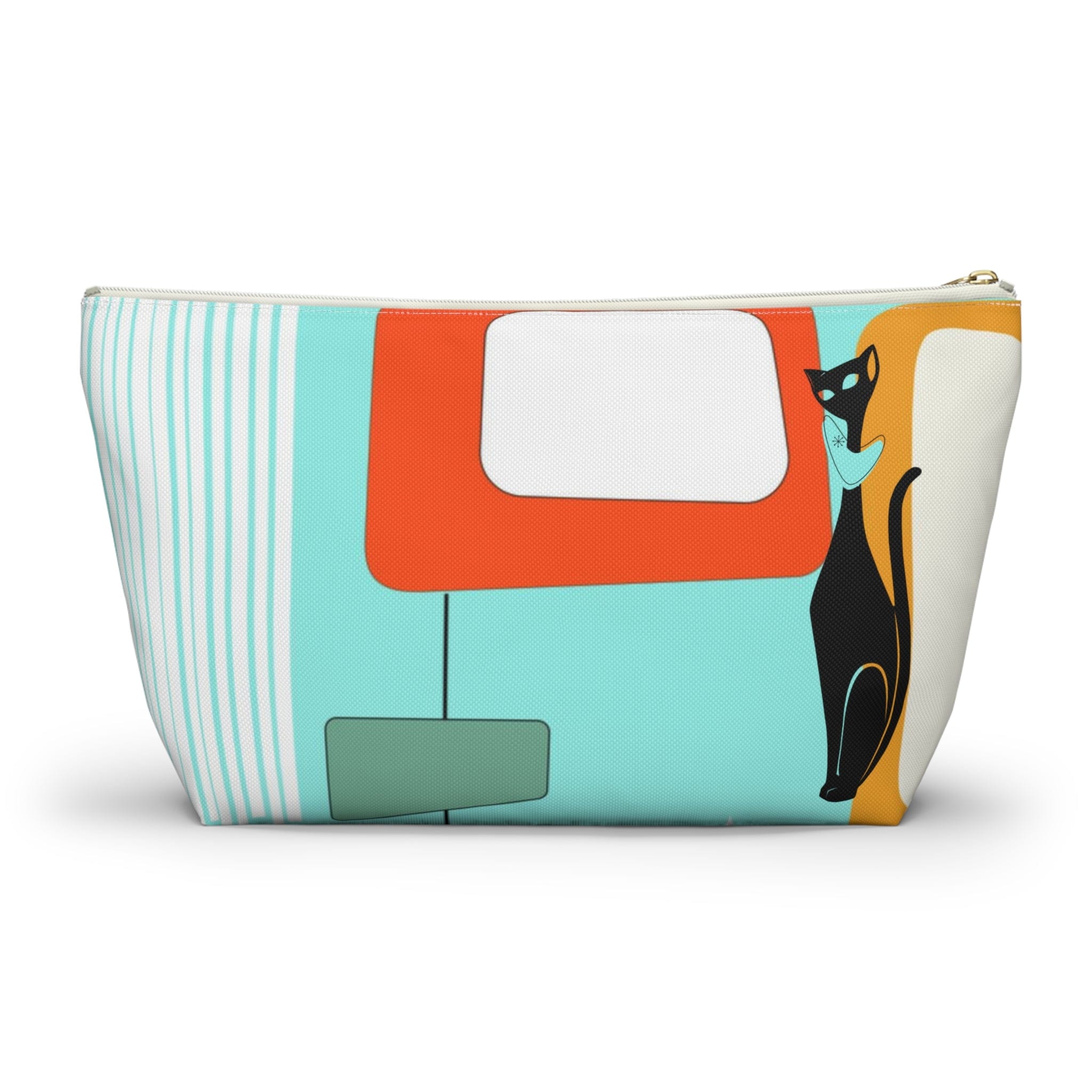 Atomic Cat, Aqua Blue, Mid Century Modern Funky Fun, Retro Accessory Pouch w T-bottom Bags
