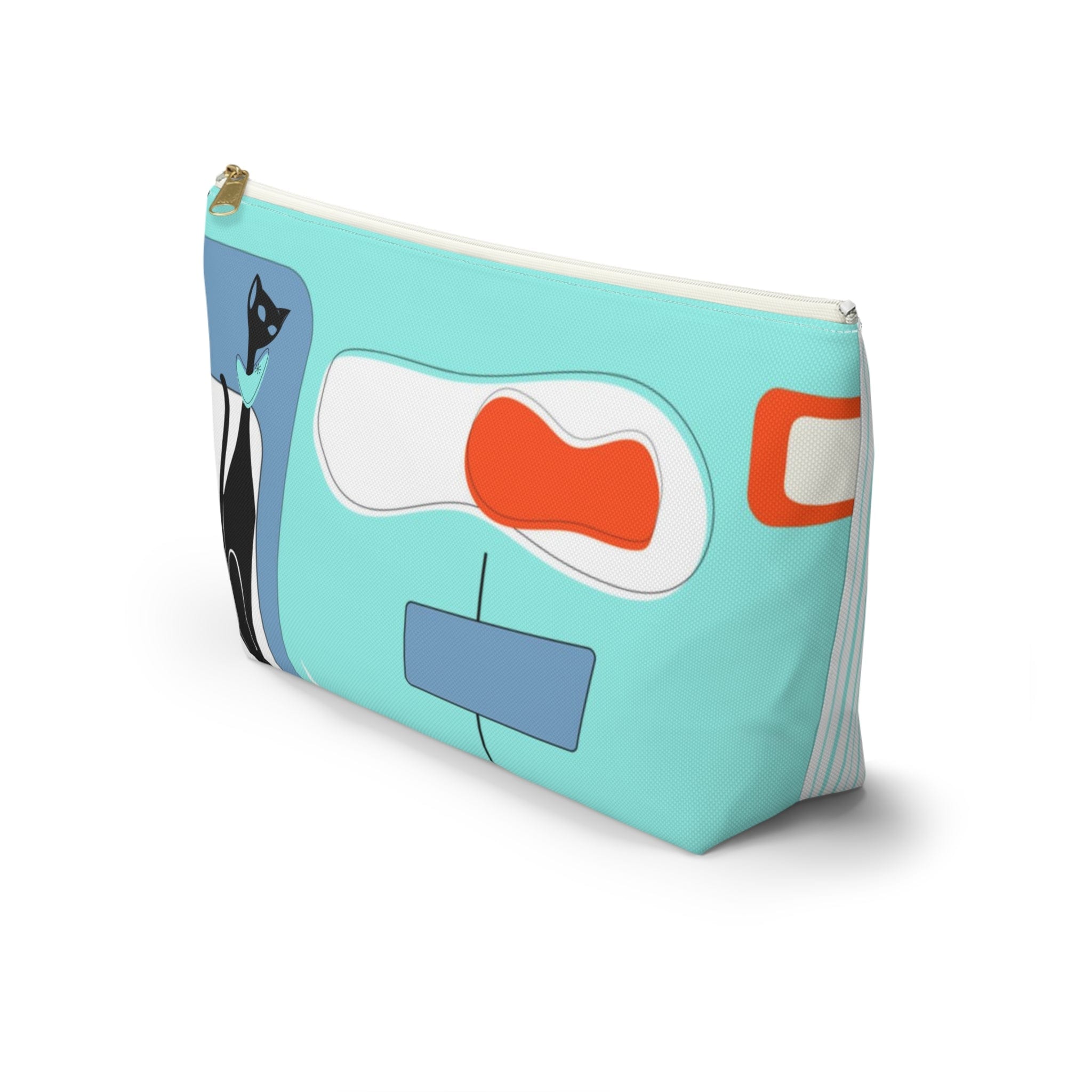 Atomic Cat, Aqua Blue, Mid Century Modern Funky Fun, Retro Accessory Pouch w T-bottom Bags