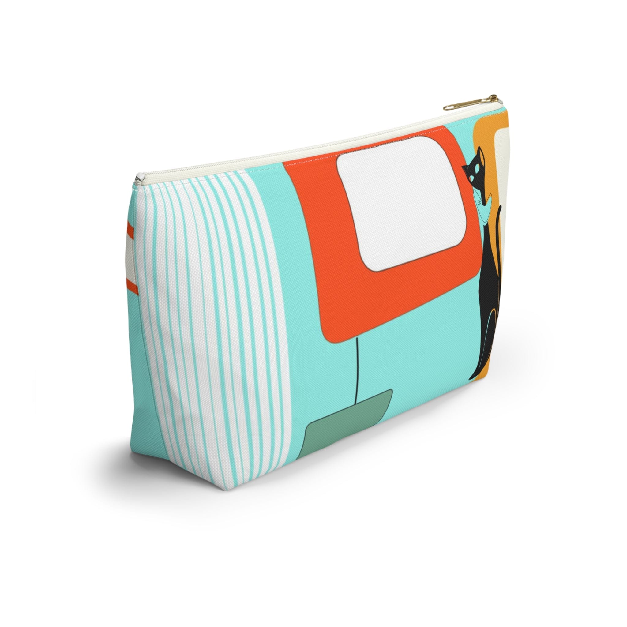 Atomic Cat, Aqua Blue, Mid Century Modern Funky Fun, Retro Accessory Pouch w T-bottom Bags