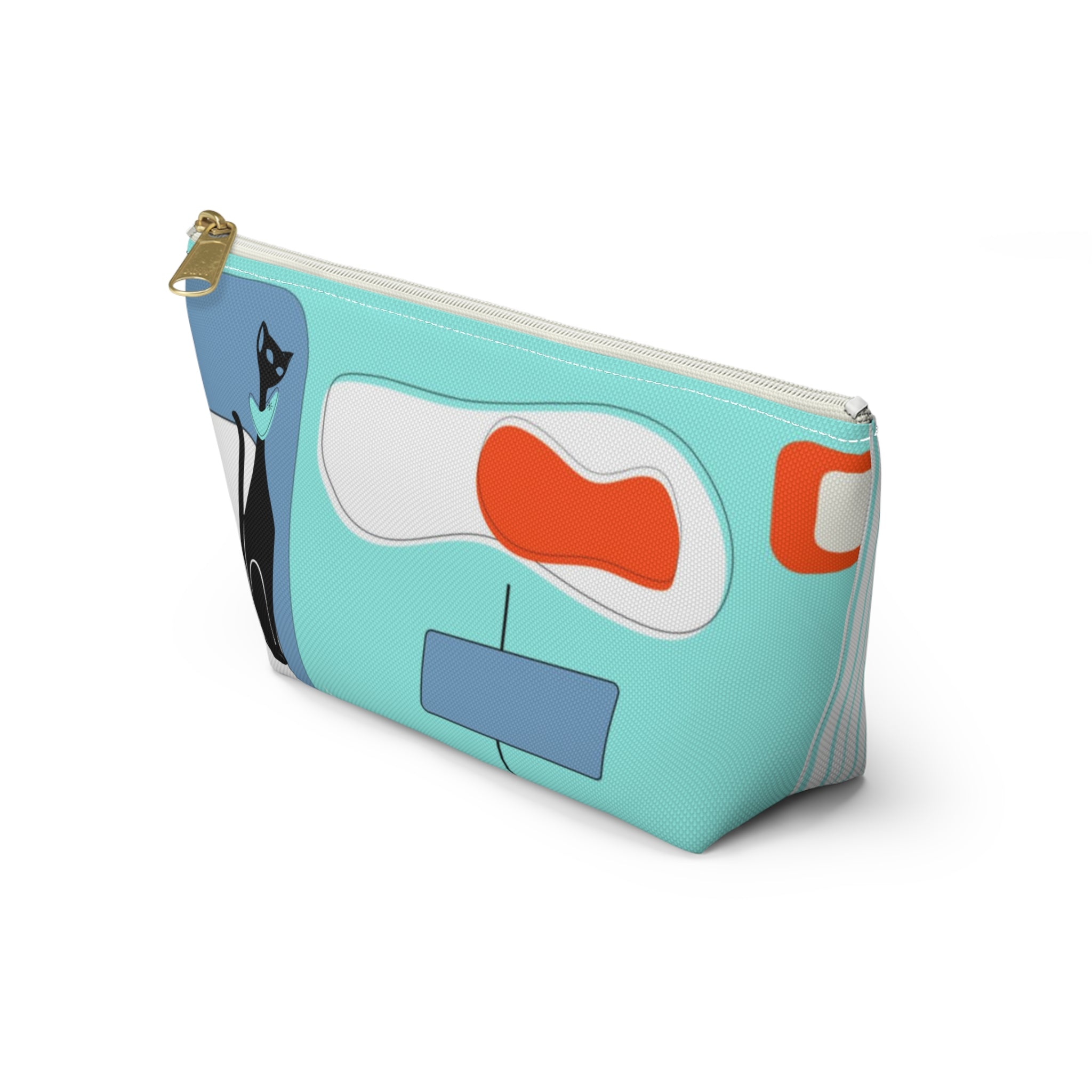 Atomic Cat, Aqua Blue, Mid Century Modern Funky Fun, Retro Accessory Pouch w T-bottom Bags