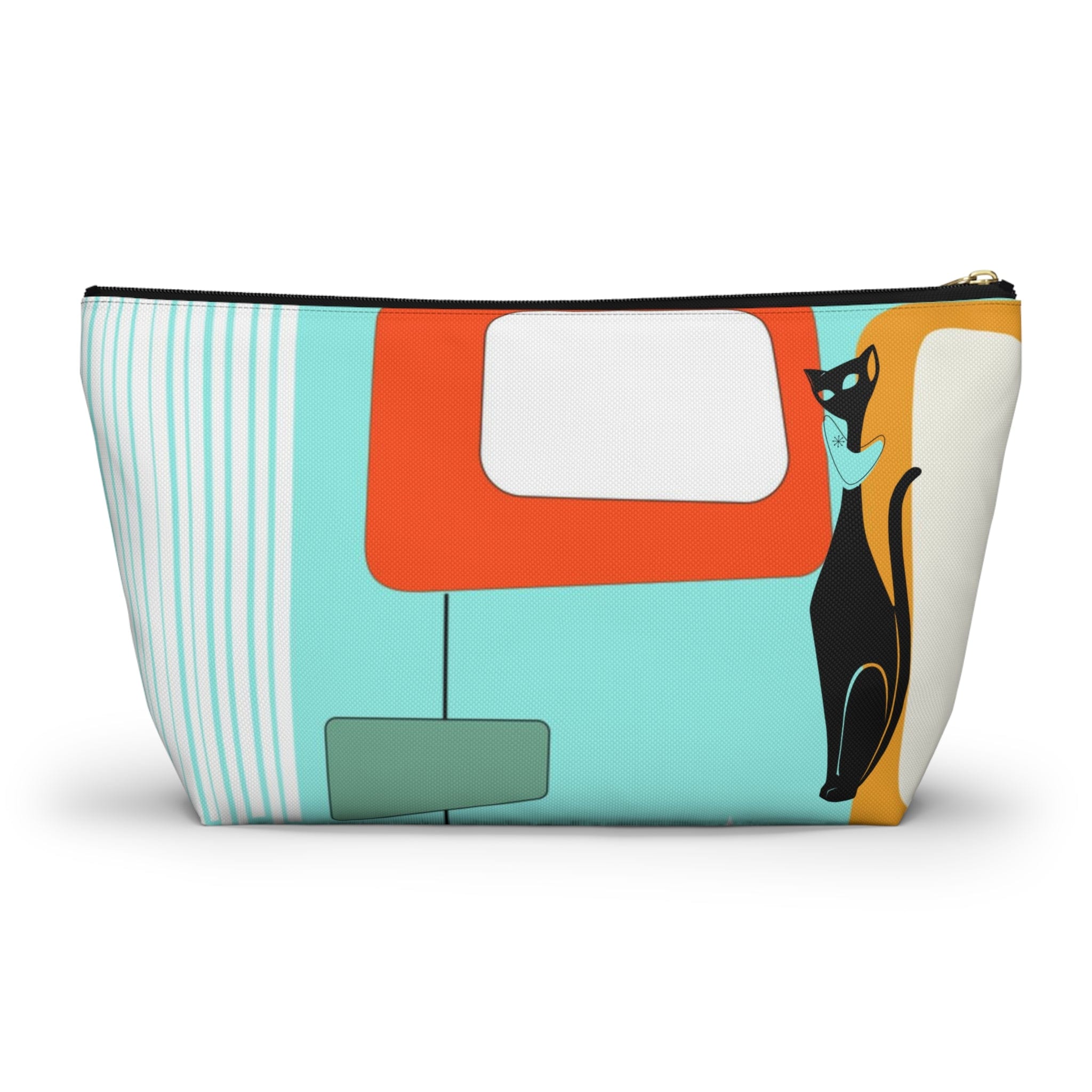 Atomic Cat, Aqua Blue, Mid Century Modern Funky Fun, Retro Accessory Pouch w T-bottom Bags