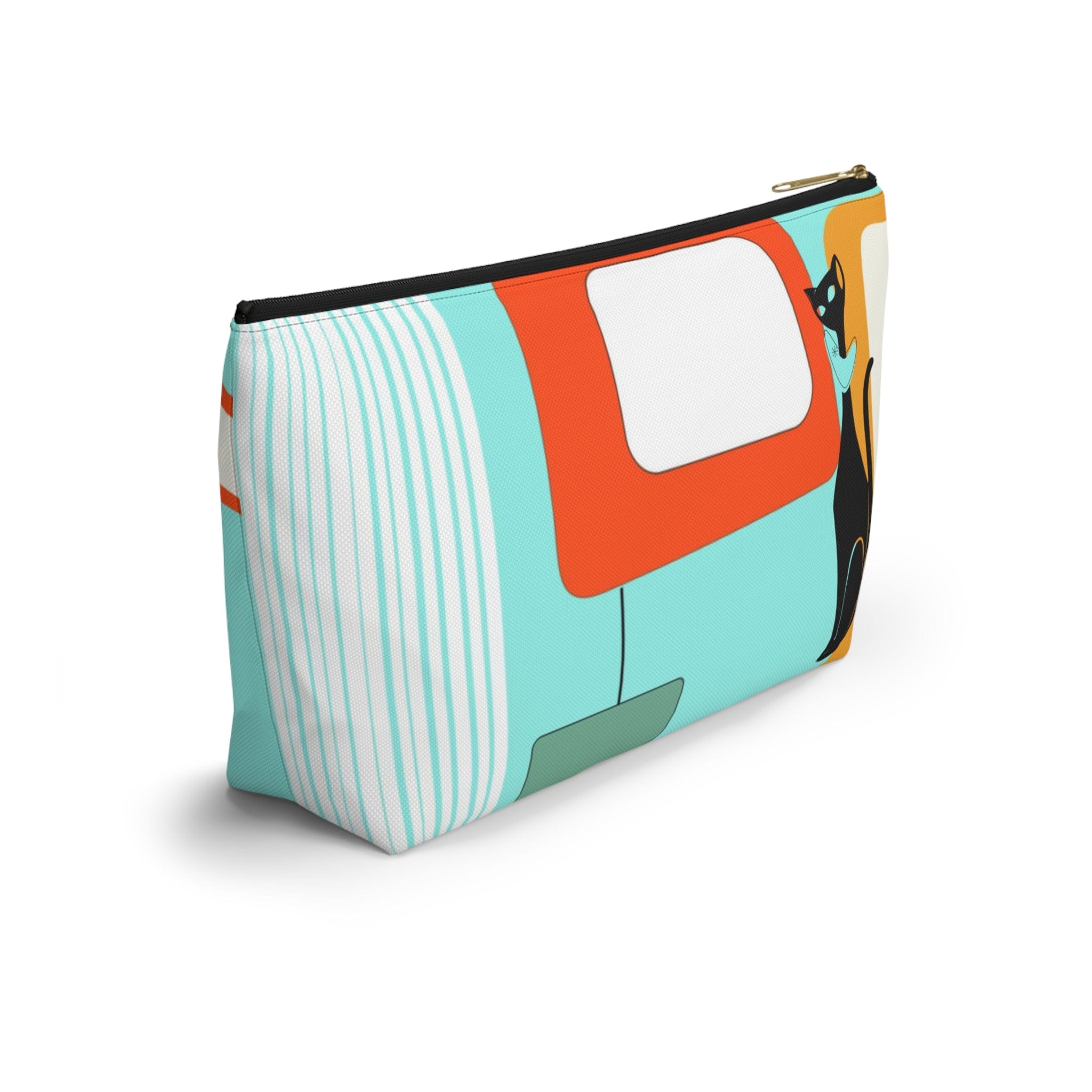 Atomic Cat, Aqua Blue, Mid Century Modern Funky Fun, Retro Accessory Pouch w T-bottom Bags
