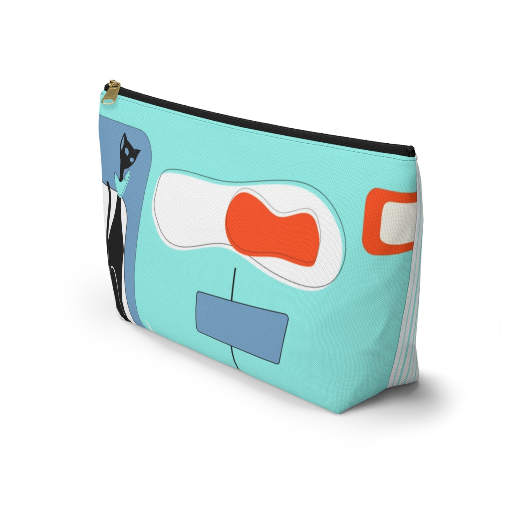Atomic Cat, Aqua Blue, Mid Century Modern Funky Fun, Retro Accessory Pouch w T-bottom Bags