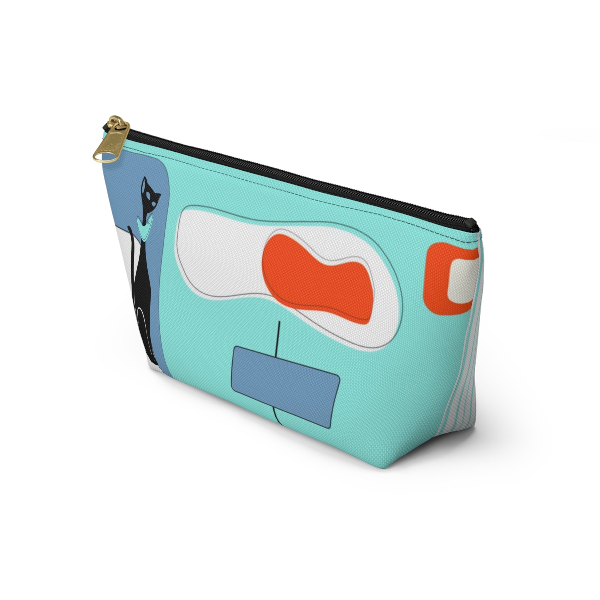 Atomic Cat, Aqua Blue, Mid Century Modern Funky Fun, Retro Accessory Pouch w T-bottom Bags