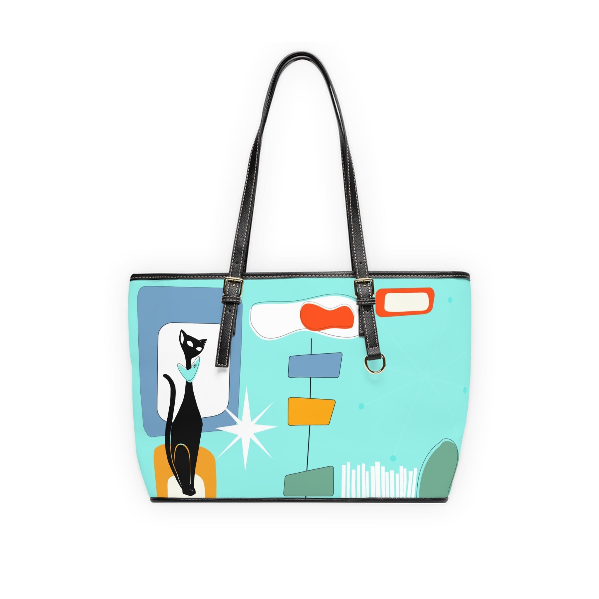 Atomic Cat, Aqua Blue, Mid Century Modern Funky Fun, Retro Shoulder Bag Bags