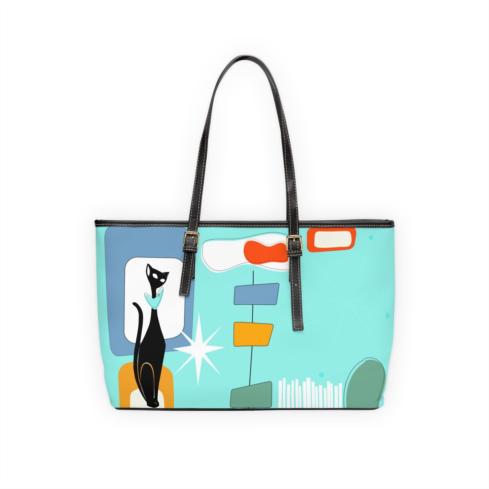 Atomic Cat, Aqua Blue, Mid Century Modern Funky Fun, Retro Shoulder Bag Bags
