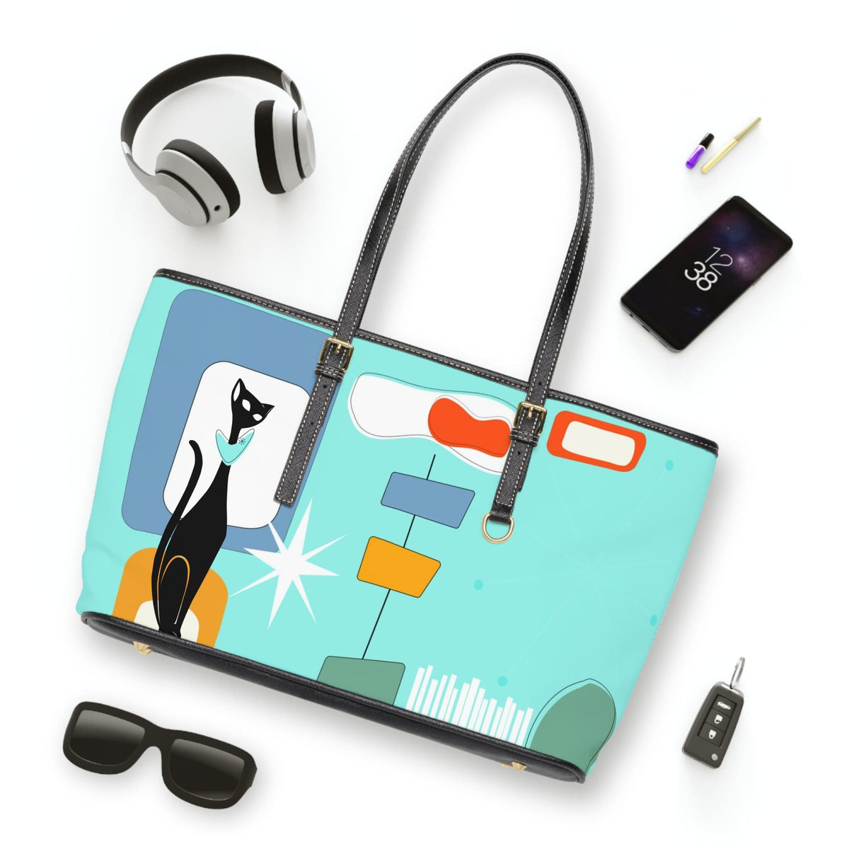 Atomic Cat, Aqua Blue, Mid Century Modern Funky Fun, Retro Shoulder Bag Bags