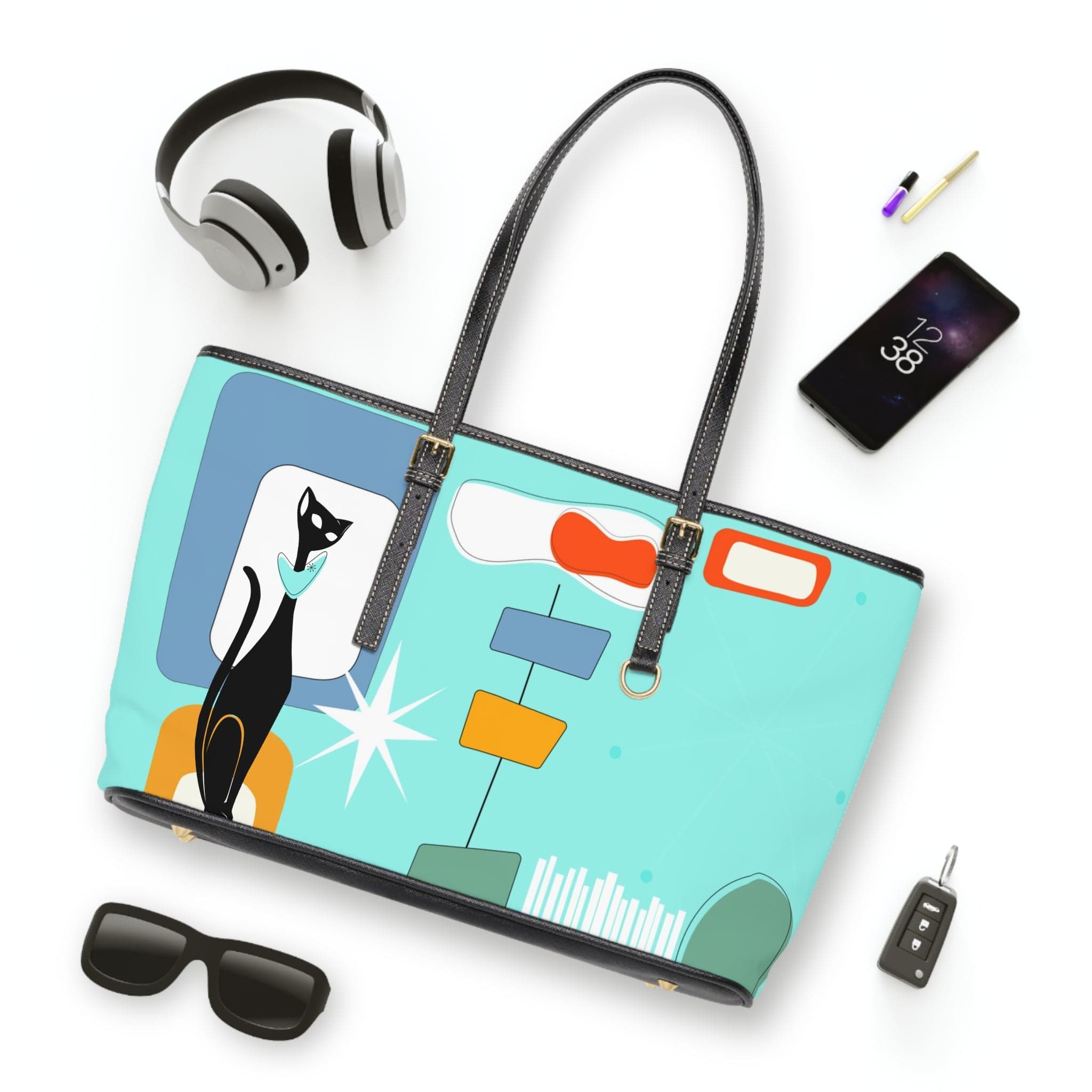 Atomic Cat, Aqua Blue, Mid Century Modern Funky Fun, Retro Shoulder Bag Bags